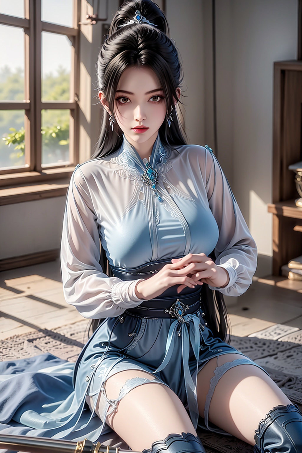 <lora:宁姚第一版:1>,1girl,solo,earrings,weapon,thighhighs,black hair,dress,jewelry,long hair,sword,ponytail,sitting,hair ornament,looking at viewer,boots,see-through,hair bun,underwear,long sleeves,indoors,blue dress,blue thighhighs,