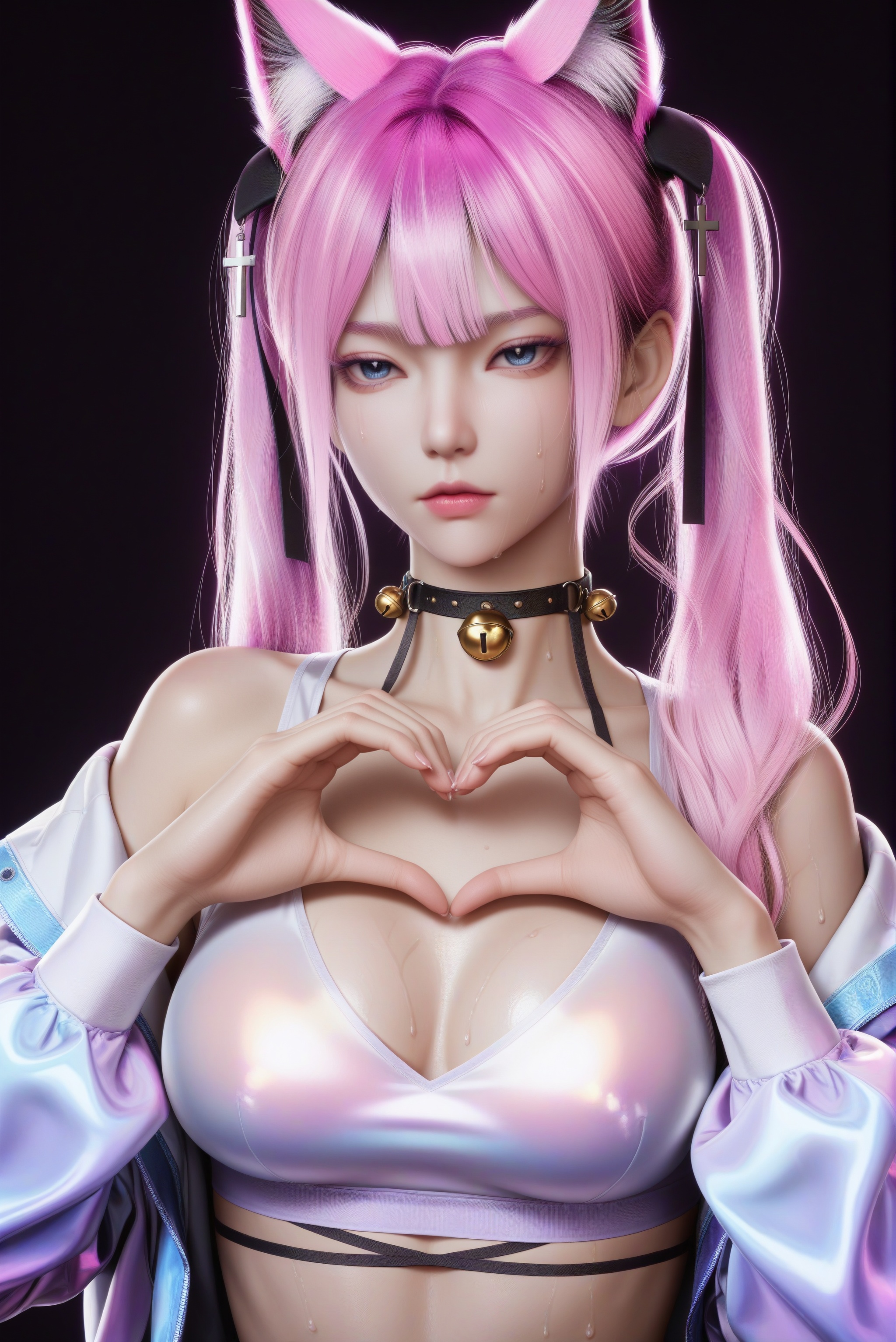masterpiece,best quality,absurdres,highres,front view,looking at viewer,shaded_face,jitome,heart hands,collarbone,(glamor:1.1),narrow waist,<lora:XiaoFen_ill:0.83>,1girl,solo,xiaofen,pink hair,long hair,twintails,blue eyes,hair ornament,animal ear fluff,black choker,bell choker,crop top,cross hair ornament,white crop top,iridescent jacket,open jacket,(white_skin),(sweaty skin),(very sweaty),(pale_skin),(fair_skin),shiny wet,warm soft,high detail,soft pastel lighting,aesthetically pleasing,simple background,black background,