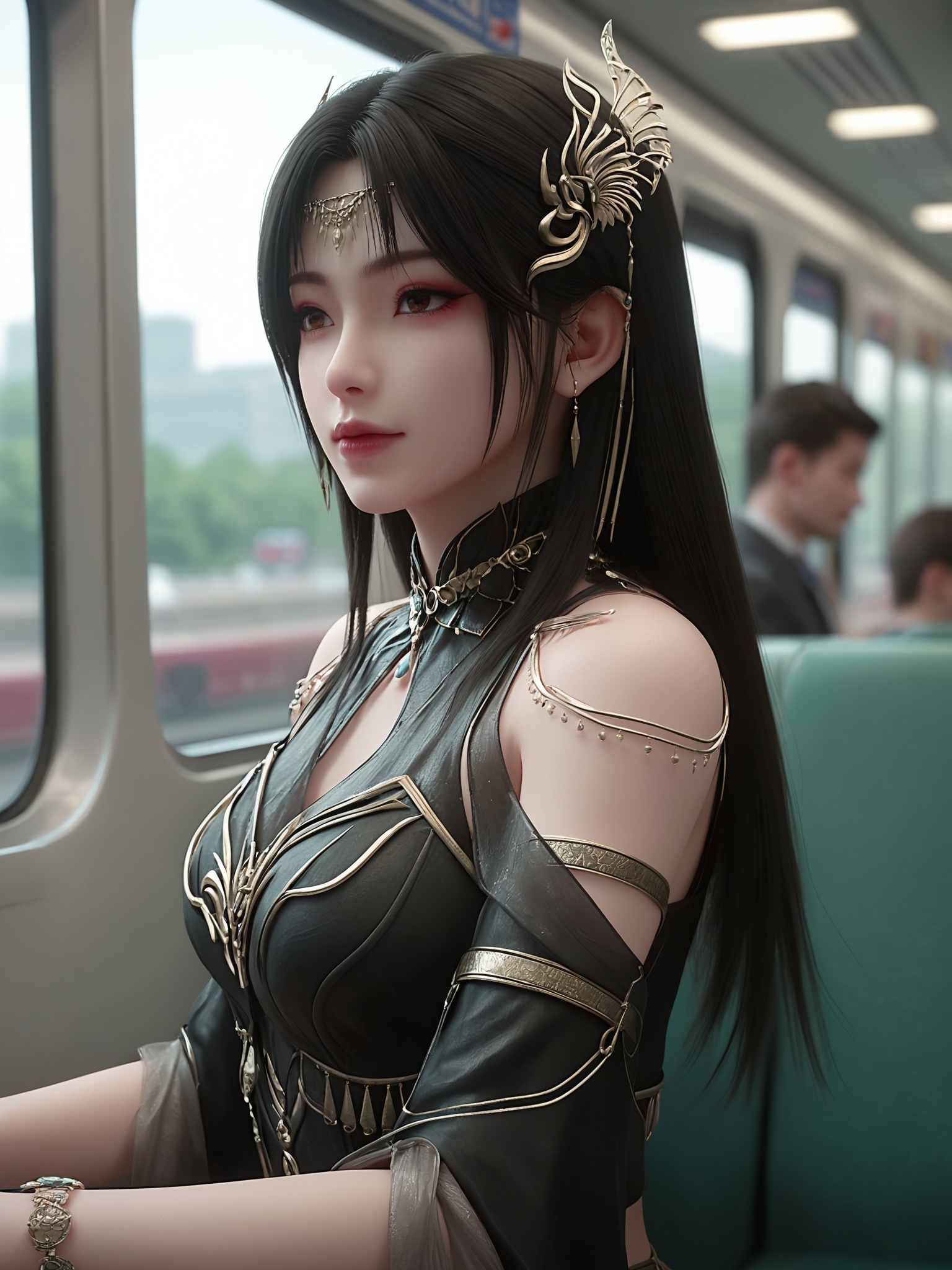 solo,1girl,fsolo focus,(perfect_anatomy:1.1),(upper_body:1.2),(portrait:1.1),sitting,(train_interior:1.1),(blurry_background:1.2),score_9,<lora:灰烬殿主Pony-完美世界:0.7>,1girl,black hair,dark and regal,with intricate,ornate designs on her bodice and sleeves,