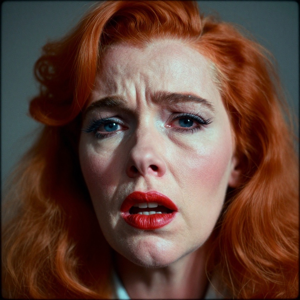 analog film photo of vintage cinematic style,  cinematic technicolor style a closeup on a red hair sad teary eyes woman wi...
