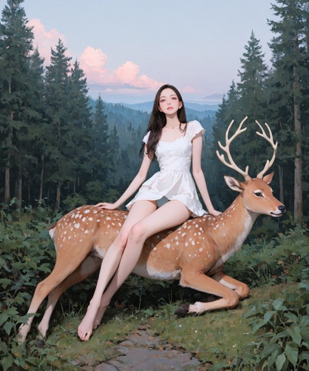 masterpiece, very awa, very aesthetic, newest,best quality, amazing quality, delicate,minimalism,wide shot, dynamic angle, dynamic pose, sitting, panties,detailed background, forest trail, deer, half cloudy summer sky,a girl, gorgeous girl, detailed face, short summer minidress,sleek long hair, straight hair,looking at viewer, biting lips,real life location, real life