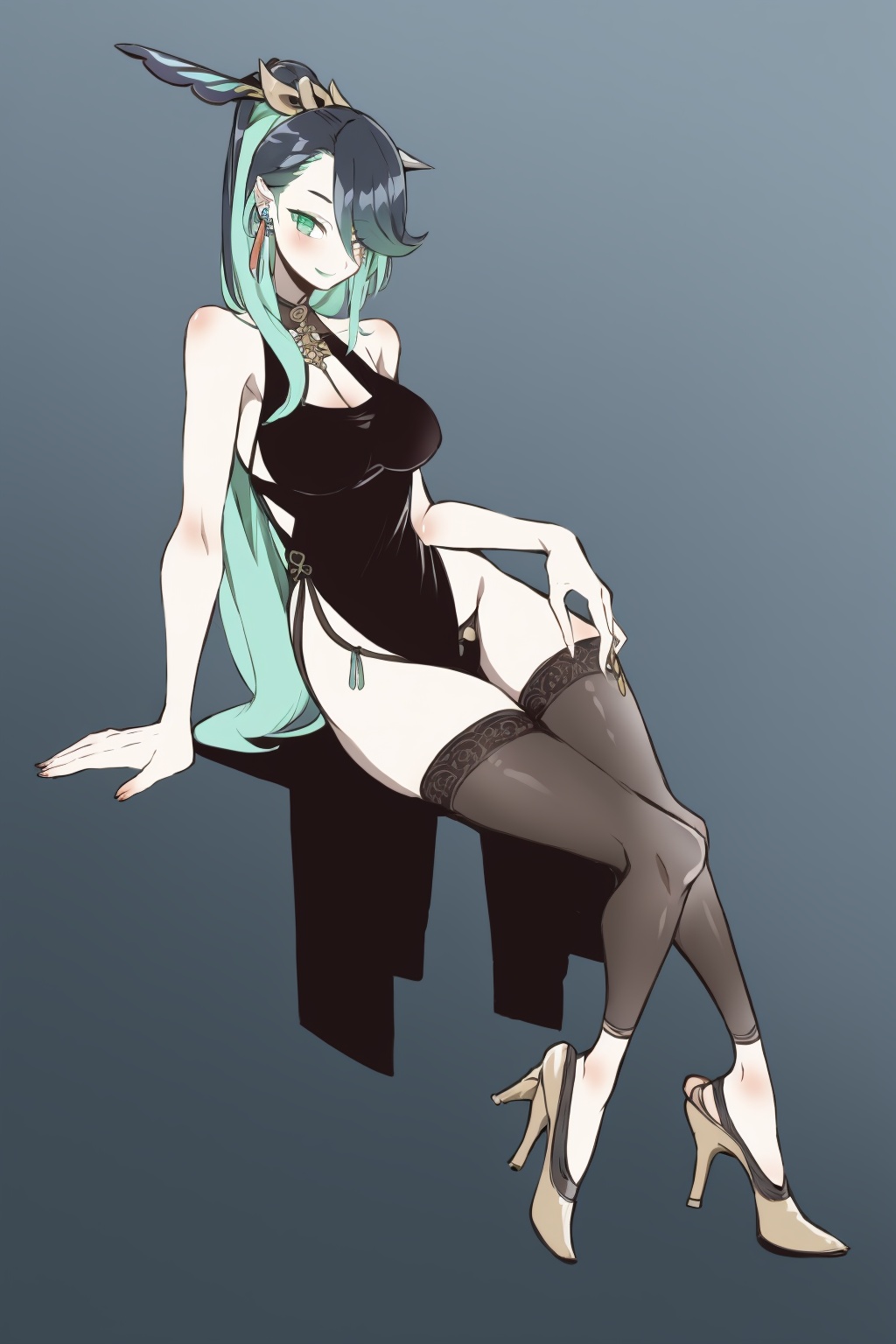 masterpiece, best quality, <lora:style23:1>,<lora:xianyun-v2:1>,1girl, solo, thighhighs, long hair, breasts, high heels, dress, looking at viewer, ass, green hair, hair ornament, smile, earrings, chinese clothes, holding, china dress, full body, hair over one eye, bare shoulders, sitting, green eyes, underwear, jewelry, black thighhighs, ponytail, brown thighhighs, black hair, closed mouth, panties, medium breasts, sleeveless, sleeveless dress, very long hair, bangs, multicolored hair