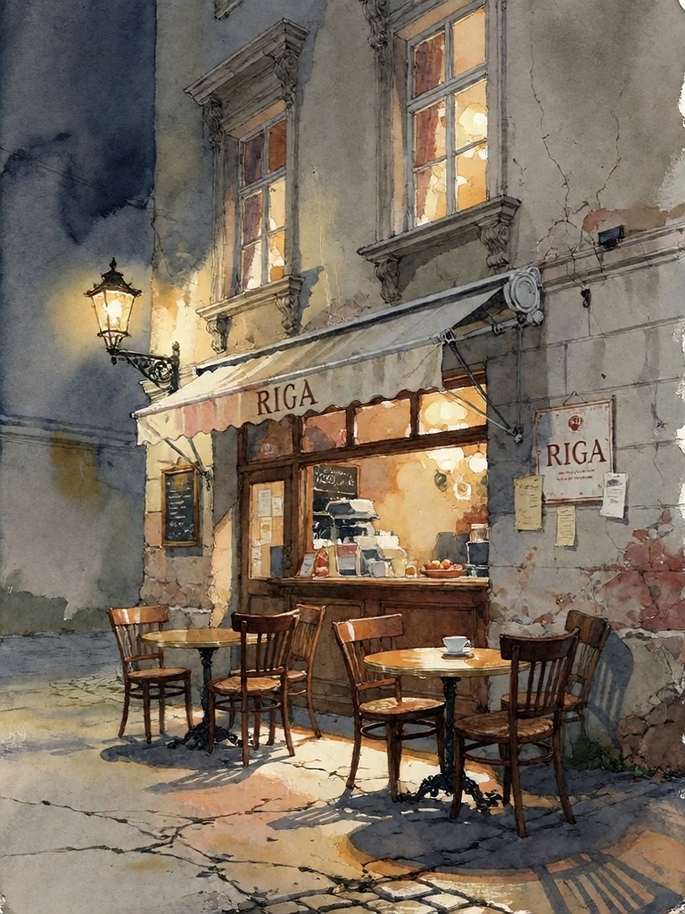 Bradhamel art style.A nighttime street scene of a quiet European café,  rendered in a painterly,  textured style reminisce...