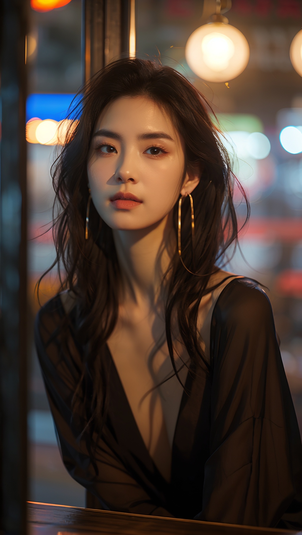 sdmai, fanhua, 1girl, solo, long hair, jewelry, earrings, looking at viewer, blurry, lips, realistic, brown hair, hoop earrings, depth of field, brown eyes <lora:fanhua:0.6>