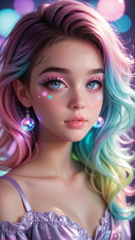 score_9, score_8_up, score_7_up, nsfw,1girl, pastel cyberpunk, soft neon lighting, doll-like face, sparkling large eyes, colorful gradient hair (pink, blue, purple), glossy makeup, dreamy expression, light bokeh background, high detail, pastel aesthetic, delicate glow