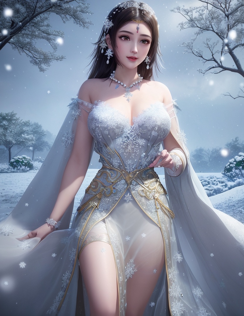 ultra realistic 8k cg, flawless, clean, masterpiece, professional artwork, famous artwork, cinematic lighting, cinematic bloom, perfect face, beautiful face, fantasy, dreamlike, unreal, science fiction,   lace, lace trim, lace-trimmed legwear, luxury, jewelry, diamond, gold, pearl, gem, sapphire, ruby, emerald, intricate detail, delicate pattern, charming, alluring, seductive, erotic, enchanting, hair ornament, necklace, earrings, bracelet, armlet,halo,autumn,((,1girl, pov,best quality, ))  , ((((1girl, solo,outdoors, large breasts,,snowflakes,  snow, snowing,   ))))    <lora:DA_BaiCai:0.7>