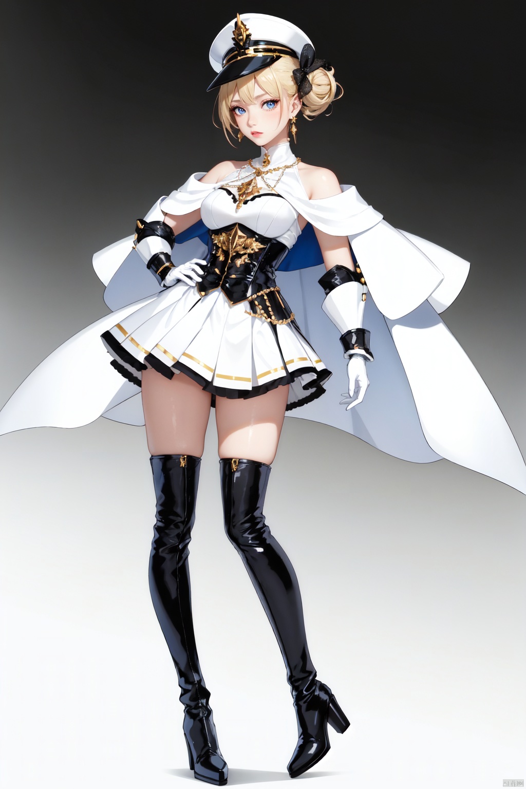 Realistic style, cinematic work, 8K wallpaper, masterpiece, very realistic quality, best quality, masterpiece, high-level, high-resolution,,,Edge lighting, dual tone lighting, soft lighting, The illuminated surface of the material has bright spots and highlights, which flicker and have a mirror effect when reflected, There are sparkling spots on the armor,,,1 girl, mature female, solo, full body, looking at viewer, lace, strong rim light, Standard proportion of female body, golden proportion of female body,,,Standing, standing posture, Sexy full body standing posture,,,,(yonggan, 1girl, blonde hair, blue eyes, short hair, hair bun, hair ribbon, hat, gloves, white gloves, boots, skirt, ribbon, epaulettes, blush, cape, pleated skirt, knee boots, cross-laced footwear, breasts, white skirt, blue headwear,:1.2),,bare shoulders, off shoulder, black hairband, bikini bottom only, short dress, swimsuit, pleated dress, bikini, floating hair, blush, ass visible through thighs, skirt,White high-heeled shoes,:1.2),,,colorful,(detailed skin: 1.3), (detailed face: 1.3),clear focus,delicate,(mature women: 1.2),(glossy skin+glossy skin: 1.4),(sweating: 1.1),(big_eyes),red_ eyeshadow,long_ Eyelashes, red lips,,,simple background, grey background,,,(Diamond hair accessories, diamond necklaces, diamond earrings, diamond earrings, clothes embedded with diamonds, armor embedded with diamonds,:1.3),,yonggan<lora:EMS-326014-EMS:0.230000>