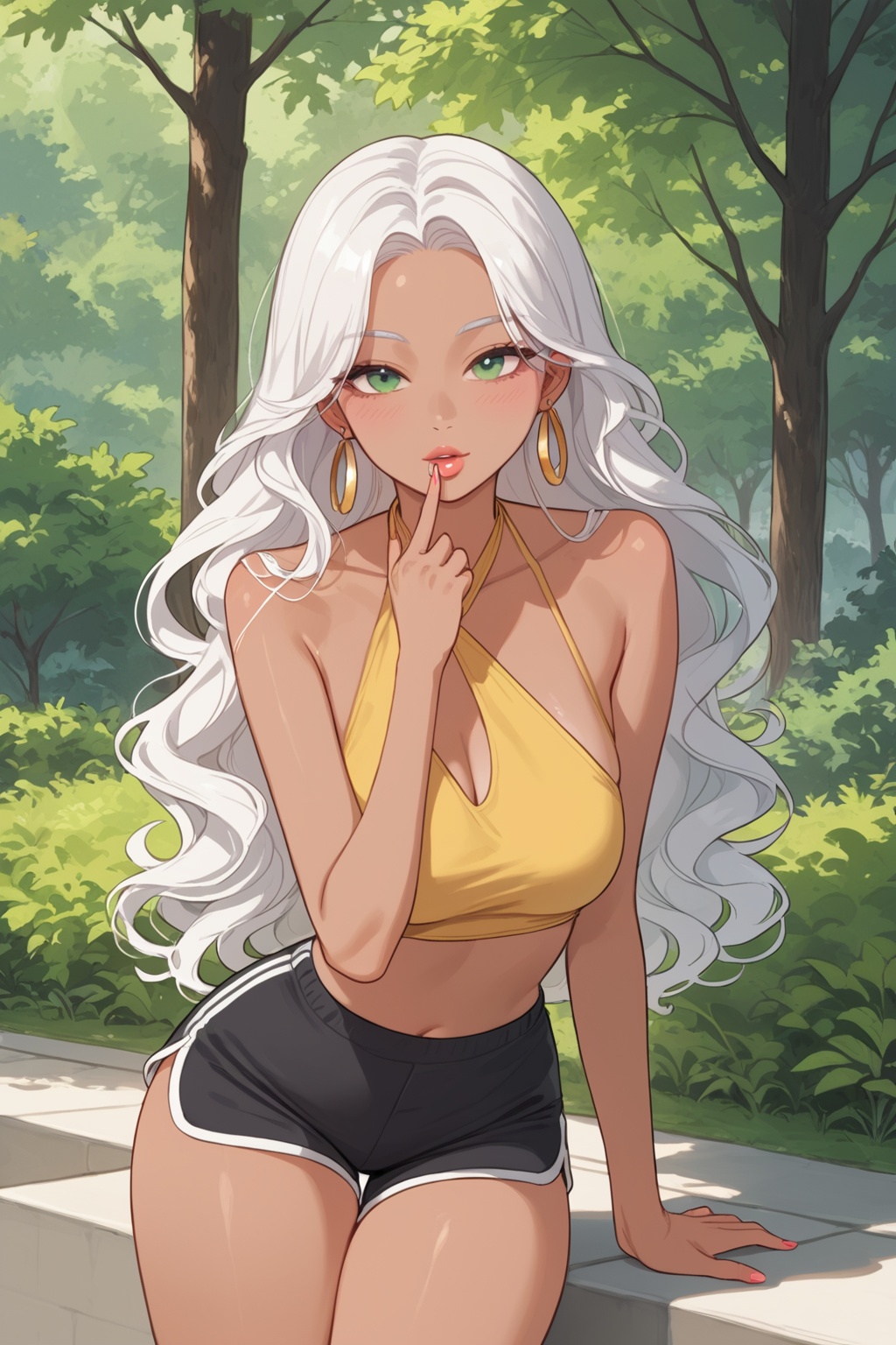 score_9,score_8_up,score_7_up,source_anime,tree pose, bikram shorts and halter top, Starlet, Short, Wide Hips, Square Face, Tan Skin, White Hair, green Eyes, [[Curved Nose]], Thick Lips, Prominent Chin, Long Hair, Curly Hair, Middle Part Bangs, natural breasts, Faux gauge earrings, terracotta stain lipstick,Korean girl,
