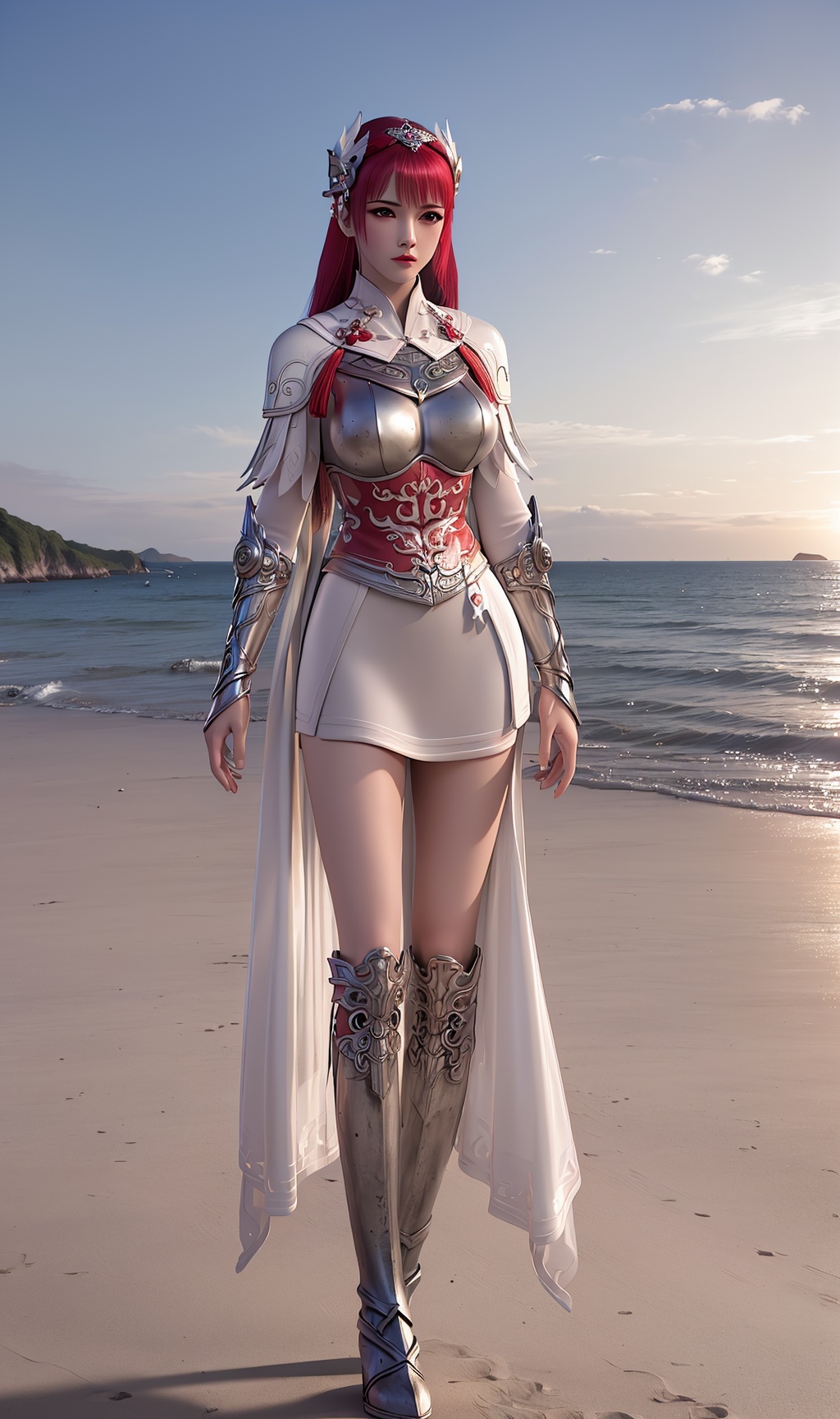 masterpiece,(best quality),(3d)official art, extremely detailed cg 8k wallpaper,((crystalstexture skin)), (extremely delicate and beautiful),highly detailed,((hair_ornament)),(face,eyes),1girl,solo,long hair,headwear,(standing),(red hair),(closed mouth),(looking at the audience:1.3),(Facing the camera:1.3),hand,gloves,makeup,((armor)),(boots),(dress,chinese_clothes,skirt),((Summer, beach, sunbathing, seaside)),((looking_at_viewer)), (medium breasts), (full body), <lora:hipoly3DModelLora_v10:0.3>
