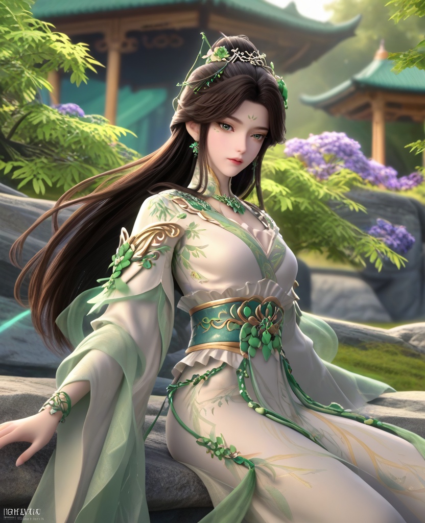 (oriental architecture, elegant decor, sophisticated style:1.1),(leaning back:1.1),(breasts:1.2),<lora:XL16叶罗丽青梧仙子:0.95>,miss qingwu,white tiered gown,green eyes,facial mark,eye foils,black hair,half-up crown with long cascading hair,hair ornament,very long hair,jewelry,green shawl,sash,anklet lace,, score_9,score_8_up,score_7_up,score_6_up,score_5_up,score_4_up,3d rendering,tag1,tag2, Cinematic Lighting,backlighting,