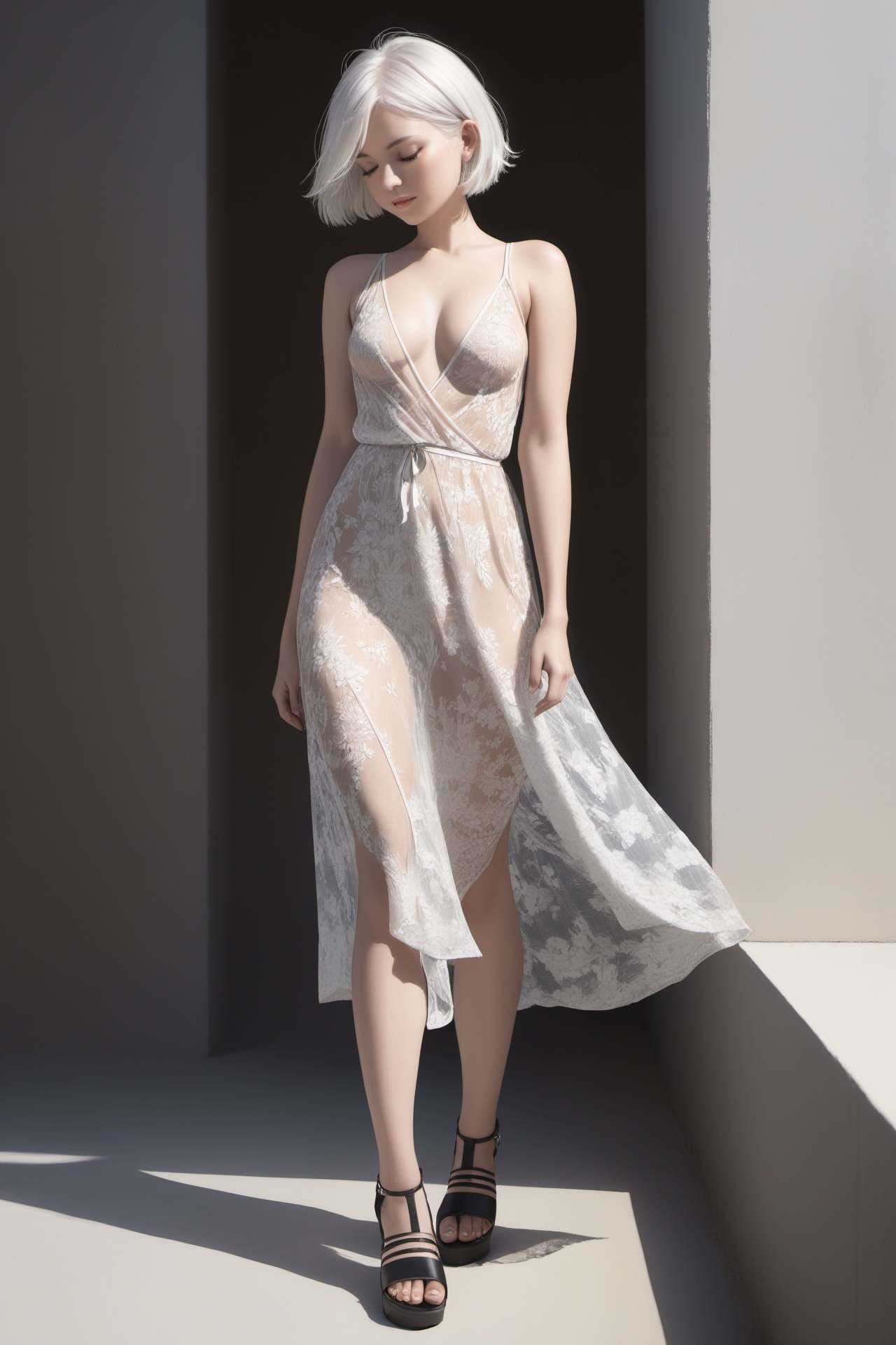 masterpiece,art photo,1girl,solo,breasts,((see-through)),short hair,dress,medium breasts,full body,closed eyes,white hair,sandals,realistic,<lora:lbc_dress_art_XL:0.4>,