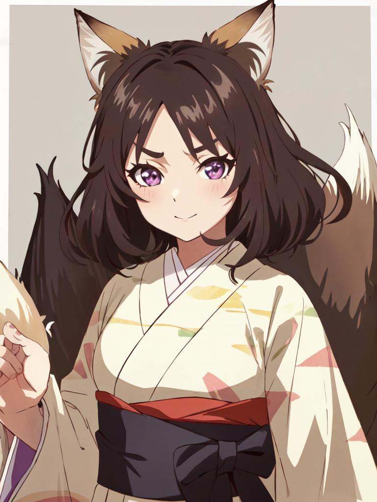 kawaii donkitsune 1girl with small fox ears huge blight brown hair,  wide mushroom cut medium hair symmetrical bangs,  (bi...