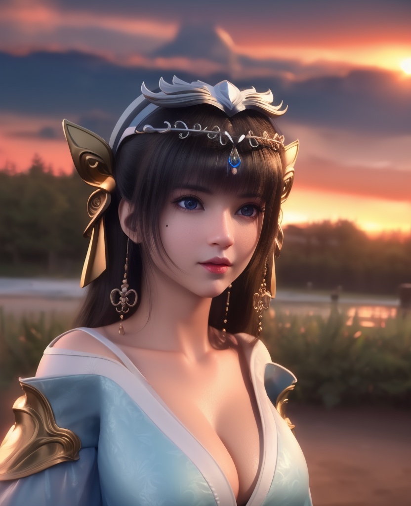 <lora:568-DA-星辰变-姜妍:0.8>(,1girl, ,best quality, ),looking at viewer,masterpiece, (( , )),, realistic,science fiction,mole, ultra realistic 8k cg, , sun,sunset, (cleavage), (),