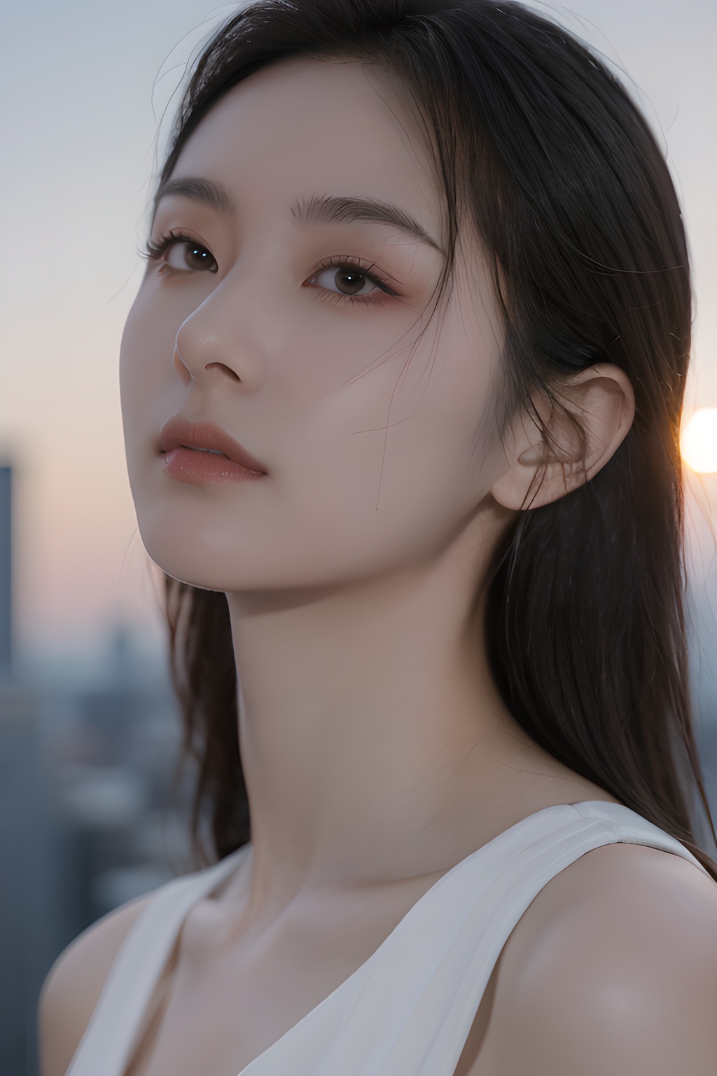 <lora:0814_04:0.7>,Frontal photography,Look front,evening,dark clouds,the setting sun,On the city rooftop,A 20 year old female,Black top,Black Leggings,black hair,long hair, dark theme, muted tones, pastel colors, high contrast, (natural skin texture, A dim light, high clarity) ((sky background))((Facial highlights)),, 1girl,realistic,masterpiece, best quality, photorealistic, HDR,detail