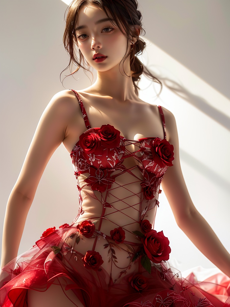 A photograph capturing a long shot of a Chinese girl full_shot,plump in a realistic full-body pose,wearing a red rose-patterned bustier dress,lit by sunlight,on a white background,<lora:Rose Girl:0.85>,<lora:FashionGirl:0.3>,, (((masterpiece))), (((best quality))), ((ultra-detailed)), Hyper Real,Photorealistic,16K,high detail,high,resolutionBest quality, masterpiece, ultra high res, (photorealistic:1.4), raw photo,