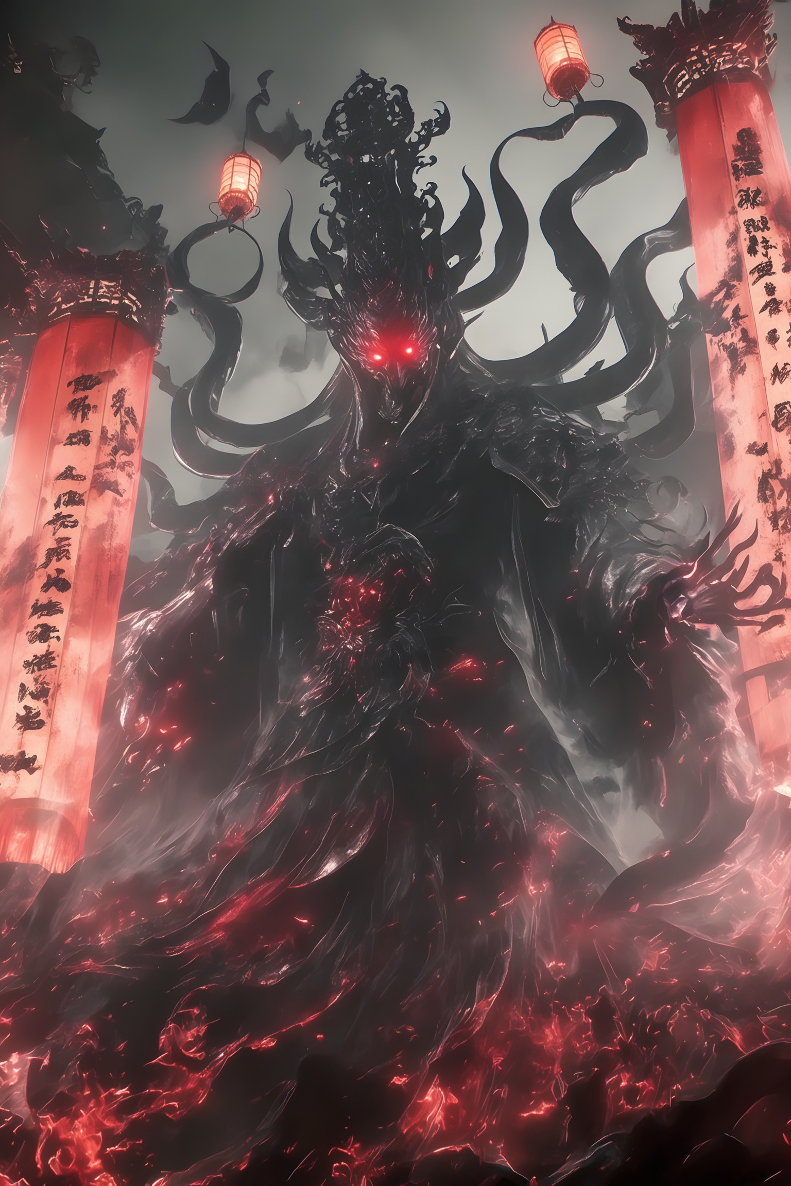 mozu,The image depicts a dark, imposing figure with glowing red eyes and intricate, menacing armor. The figure has multiple tentacle-like appendages extending from its head and body, adding to its ominous presence. In the background, there is a large, red lantern with Chinese characters illuminated, contributing to the overall eerie atmosphere. The scene is shrouded in mist, enhancing the mysterious and foreboding mood.