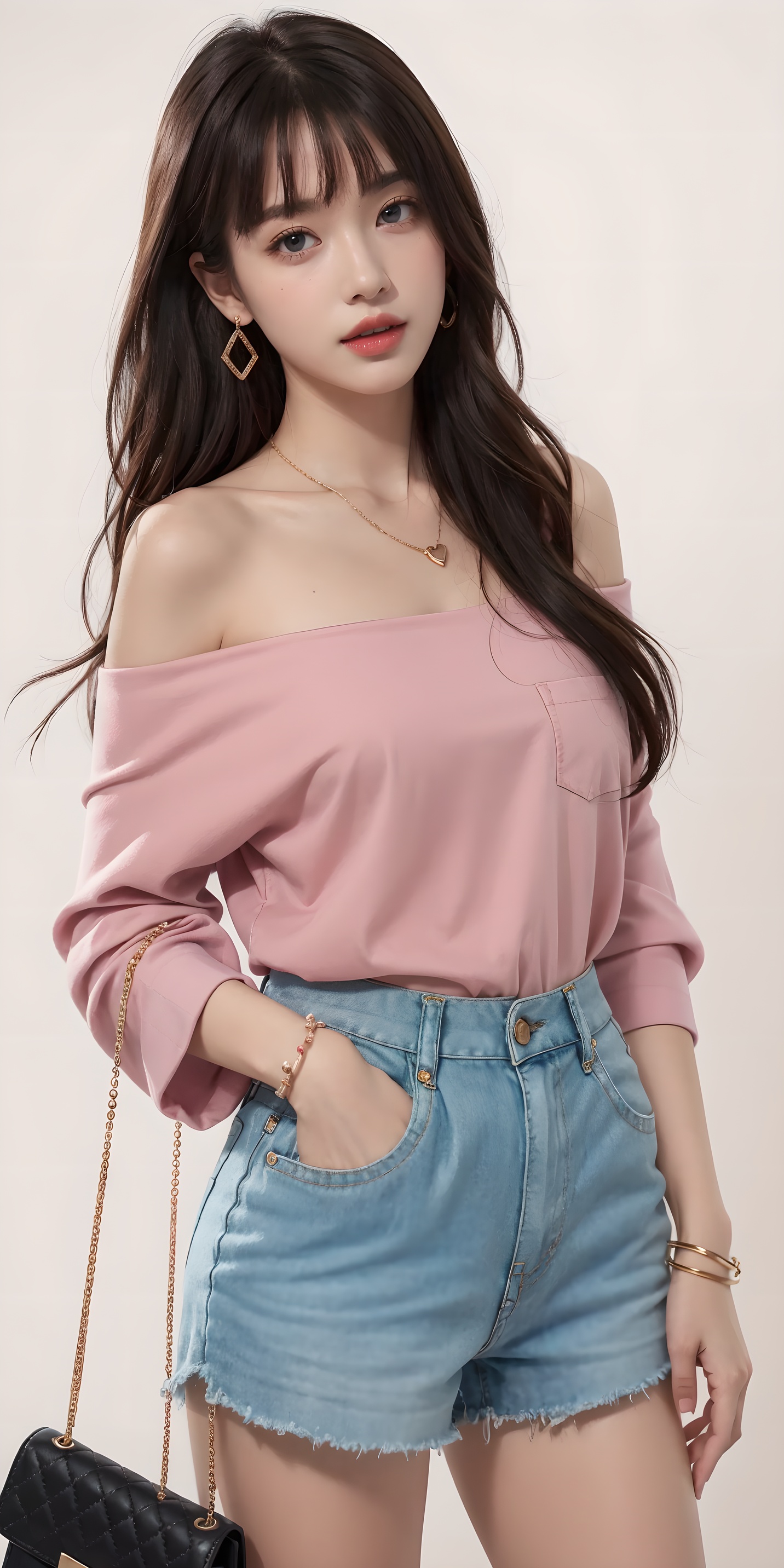 (best quality), ((masterpiece)), (highres), illustration, original, extremely detailed, 1girl, solo, brown hair, bag, jewelry, shorts, white background, blue eyes, looking at viewer, earrings, bare shoulders, simple background, shirt, collarbone, long hair, off shoulder, off-shoulder shirt, bracelet, hand in pocket, bangs, handbag, red shirt, cowboy shot, signature, blush, brown shorts, open mouth, shoulder bag, twitter username, necklace