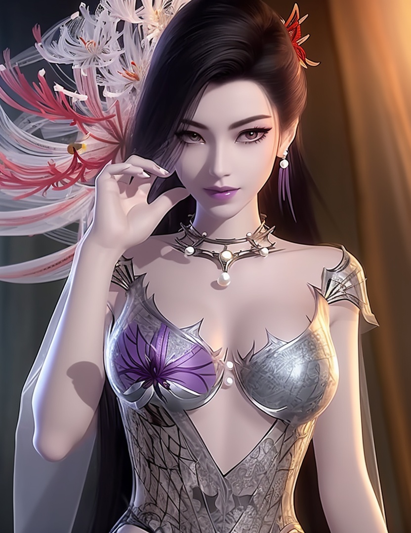 ultra realistic 8k cg, , flawless, clean, masterpiece, professional artwork, famous artwork, cinematic lighting, cinematic bloom, perfect face, beautiful face, fantasy, dreamlike, unreal, science fiction,  beautiful clothes, lace, lace trim, lace-trimmed legwear, , prestige, luxury, jewelry, diamond, gold, pearl, gem, sapphire, ruby, emerald, intricate detail, delicate pattern, charming, alluring, seductive, erotic, enchanting, hair ornament, necklace, earrings, bracelet, armlet,halo((,1girl, pov,))(((,, 1girl, ,,  purple flower, spider lily,lady pearl,  )))<lora:DA_CaoNvYaoNightwear:0.8>