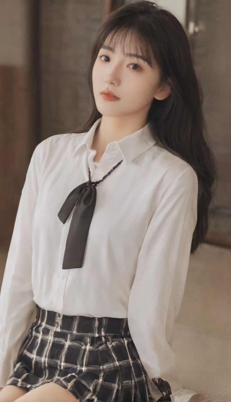 (breast:1.8),mask,long hair,1girl,mouth mask,skirt,choker,plaid,train interior,sitting,looking at viewer,shirt,jewelry,plaid skirt,breasts,socks,white shirt,ring,black hair,white mask,straight hair,black eyes,fingernails,piercing,long sleeves,collared shirt,brown skirt,thighs,solo focus,bangs,hand on own thigh,sleeves past wrists,shirt tucked in,black choker,shoes,miniskirt,hand on own leg,parted bangs,from side,black footwear,<lora:20230922-1695357763221:0.8>,