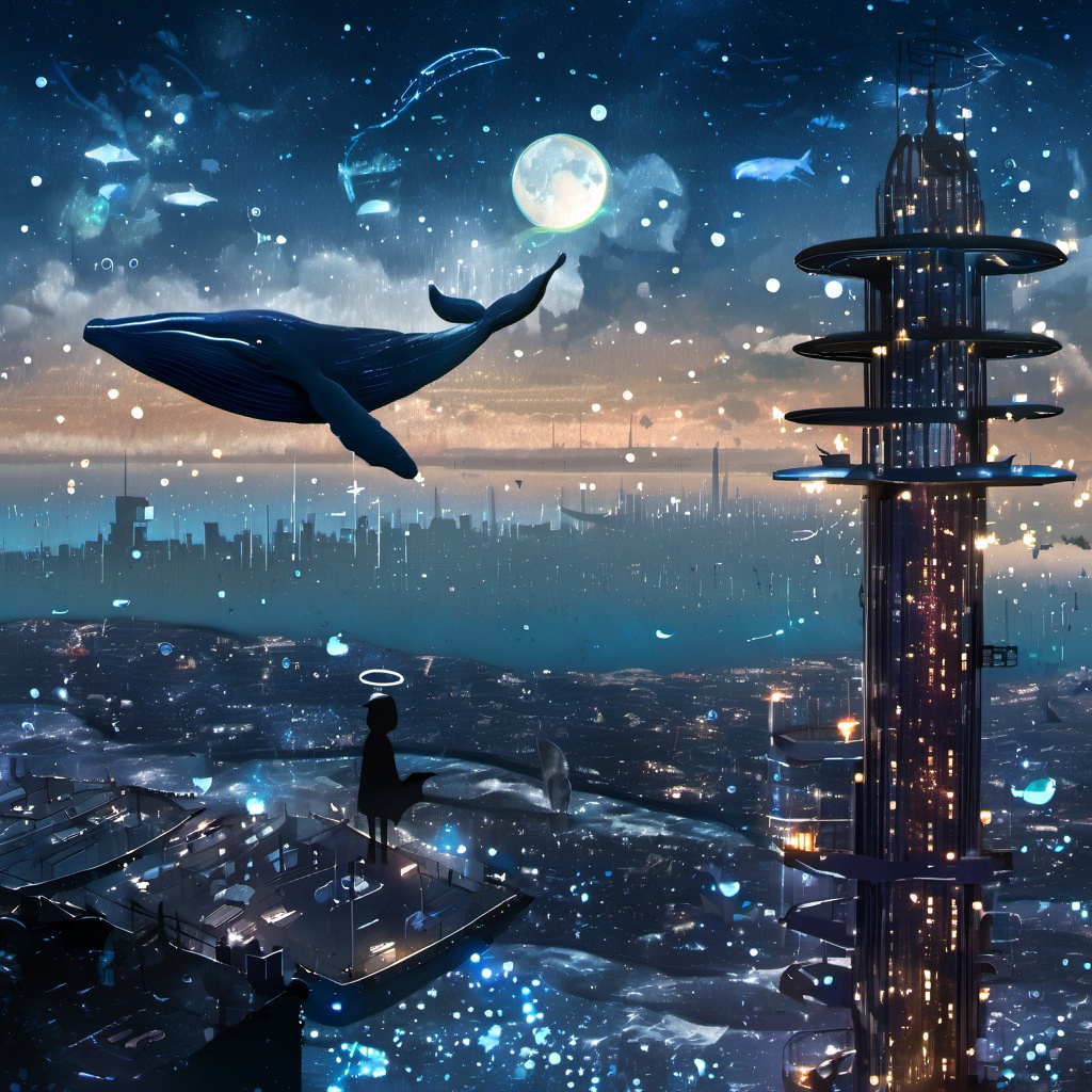 <lora:star_xl_v2:1>,a futuristic city with a futuristic flying object in the sky above it and a city in the distance with stars and lights, sky, star \(symbol\), no humans, night, building, star \(sky\), scenery, city lights, whale, 1girl, cloud, moon, night sky, starry sky, fish, bubble, city, cityscape, surreal, The image portrays a surreal and futuristic nighttime scene. Dominating the foreground is a large, metallic platform with a person standing on it, gazing out at the vast expanse below. The platform is elevated and appears to be connected to a tall, slender tower. The city below is illuminated with a myriad of lights, suggesting a bustling urban environment. Floating above the city is a massive whale, which has been transformed into a floating city. This city is adorned with various structures, including domes, spires, and other architectural marvels. The sky is filled with stars, and there are numerous celestial bodies, including a large moon, shining brightly. The overall atmosphere is one of wonder, mystery, and awe., platform, tower, domes, architectural marvels, stars, atmosphere