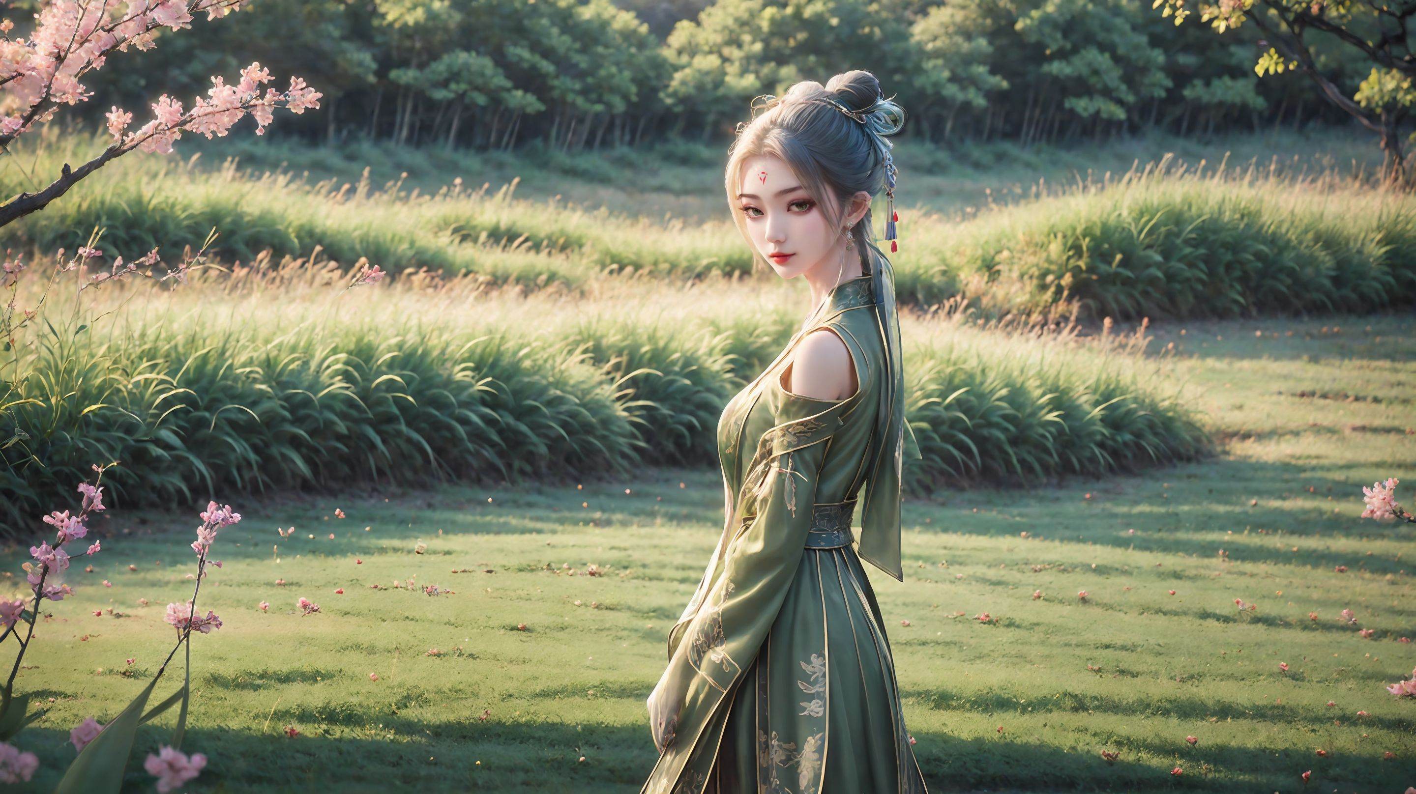 1girl,solo,hair bun,chinese clothes,green dress,dress,long sleeves,single hair bun,outdoors,nature,looking at viewer,from side,hair ornament,standing,grass,白发,<lora:girl miaojiangxiaobai_20240912173536:0.7>,