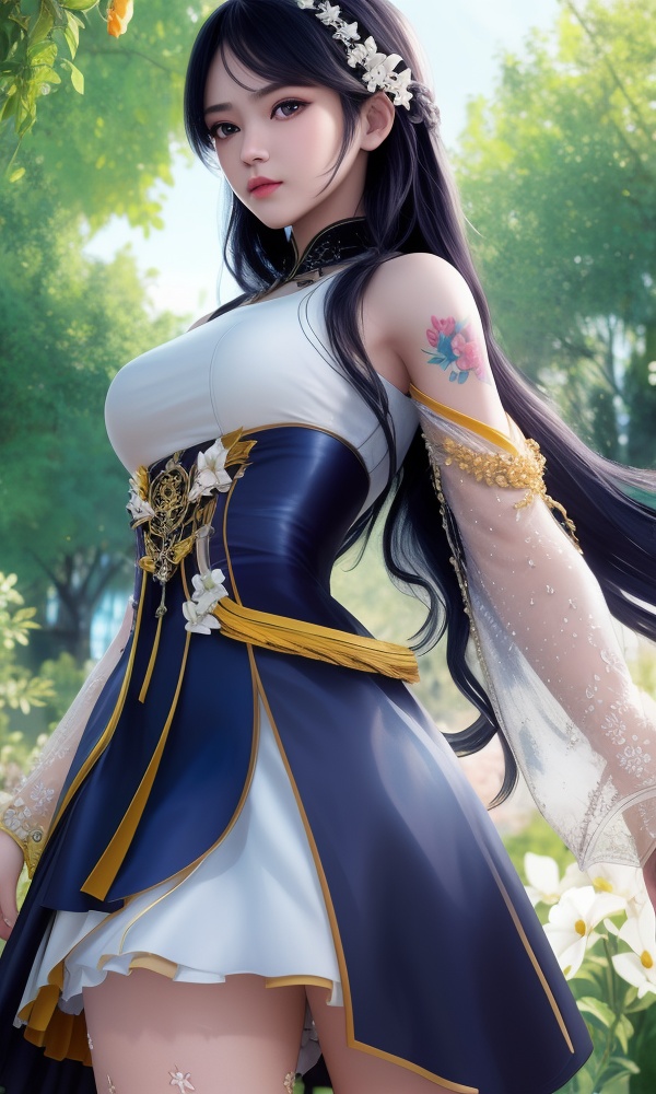(,1girl, ,best quality, ),looking at viewer, <lora:374-DA-斗罗大陆-江楠楠-露肩装:0.8> ,,ultra detailed background,ultra detailed background,ultra realistic 8k cg,, ,masterpiece, (( , )),ultra realistic 8k cgSurrounded by strange, movie perspective, advertising style, Colorful background, splash of color A beautiful woman with delicate facial features,tattoo all over body, flower arms, from below,
