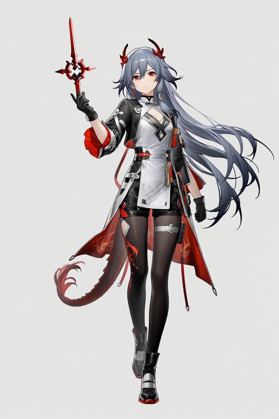 masterpiece, best quality,grey background,looking at viewer,SOLO,simple background,   fu hua,   game_cg_style,arknights_endfield_style,official alternate costume,pose,background, full body<lora:全面测试Ver～ill2Pro:0.8>