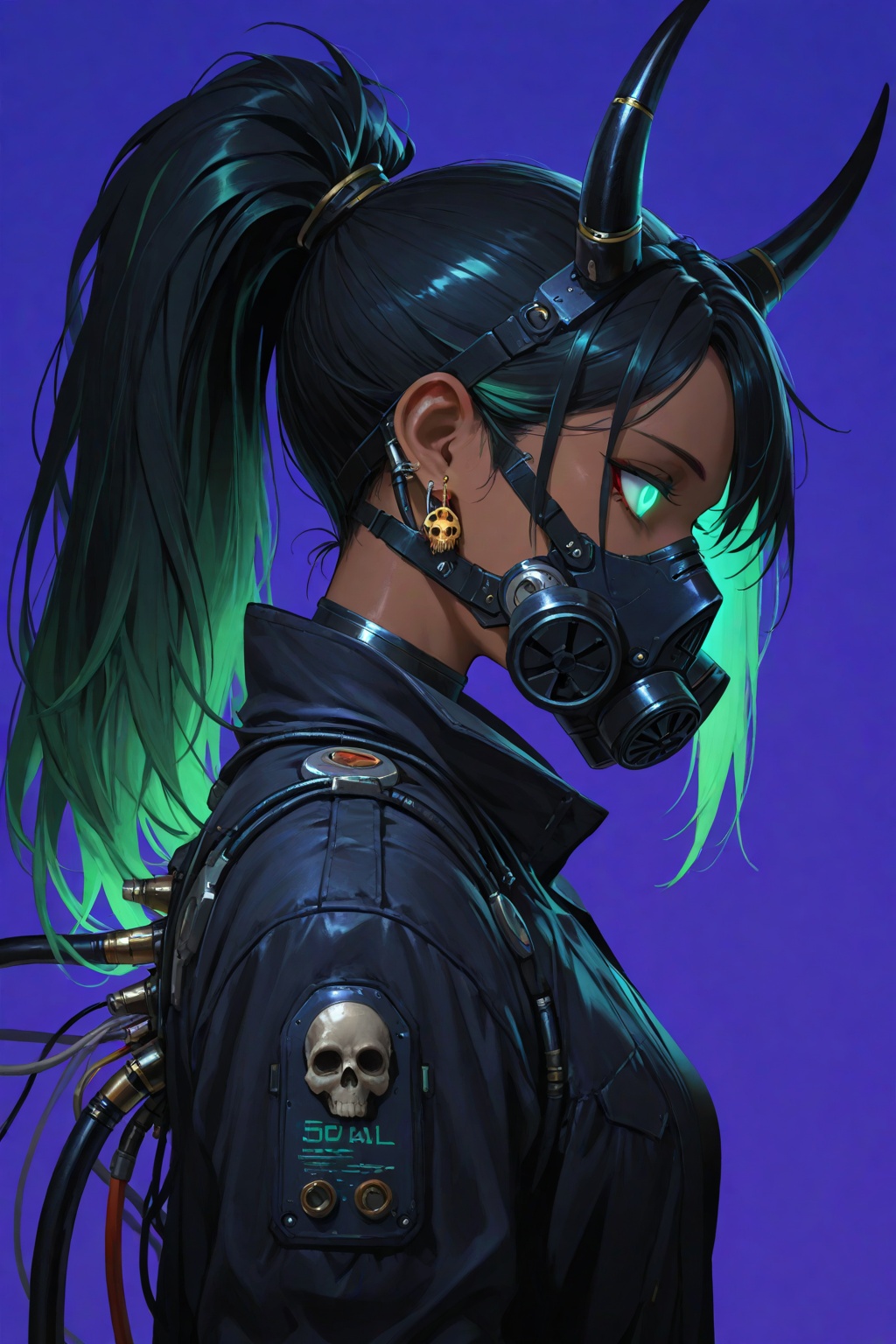 masterpiece,best quality,amazing quality,very aesthetic,absurdres,newest,highres,1girl,solo,long_hair,simple_background,black_hair,jewelry,jacket,upper_body,ponytail,multicolored_hair,earrings,horns,green_hair,dark_skin,from_side,dark-skinned_female,profile,mask,blue_background,glowing,high_ponytail,glowing_eyes,science_fiction,purple_background,skull,fake_horns,cable,cyborg,gas_mask,mechanical_parts,cyberpunk,tube,respirator,