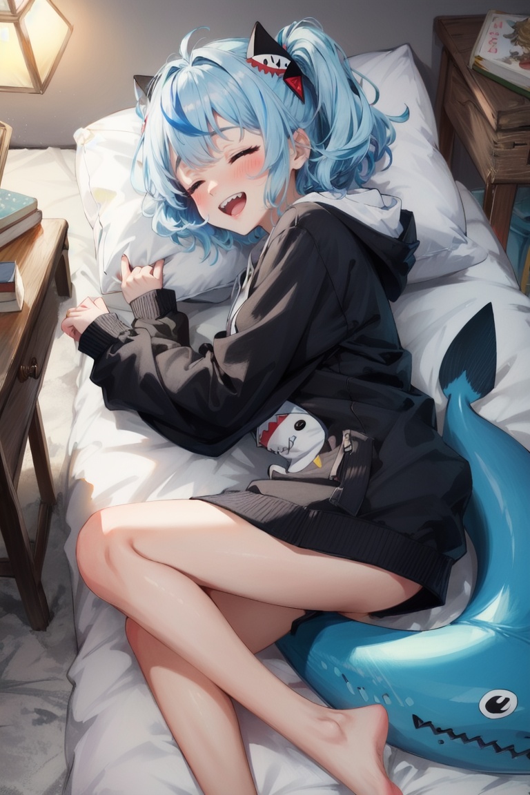 gawr gura, virtual youtuber, 1girl, bloop (gawr gura), tail, shark tail, fish tail, multicolored hair, hood, streaked hair, grey hair, blue hair, closed eyes, sleeping, hair ornament, lying, barefoot, blue hoodie, stuffed toy, bangs, open mouth, long sleeves, takodachi (ninomae ina'nis), two side up, on side, hoodie, blush, stuffed animal, shark girl, pillow, shark hair ornament, solo, wide sleeves, smile, sharp teeth, bare legs, stuffed shark, shrimp, hood down, blue nails, teeth, pizza, sleeves past wrists