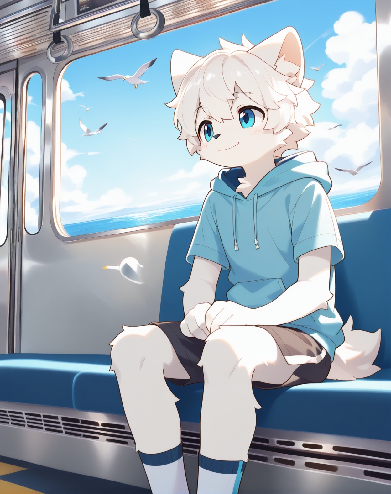 solo, smile, short hair, blue eyes, 1boy, animal ears, sitting, closed mouth, white hair, short sleeves, male focus, outdoors, sky, shorts, day, socks, artist name, cloud, hood, blue sky, hoodie, bird, ocean, ground vehicle, furry, white fur, train interior, seagull,source_furry,anthro