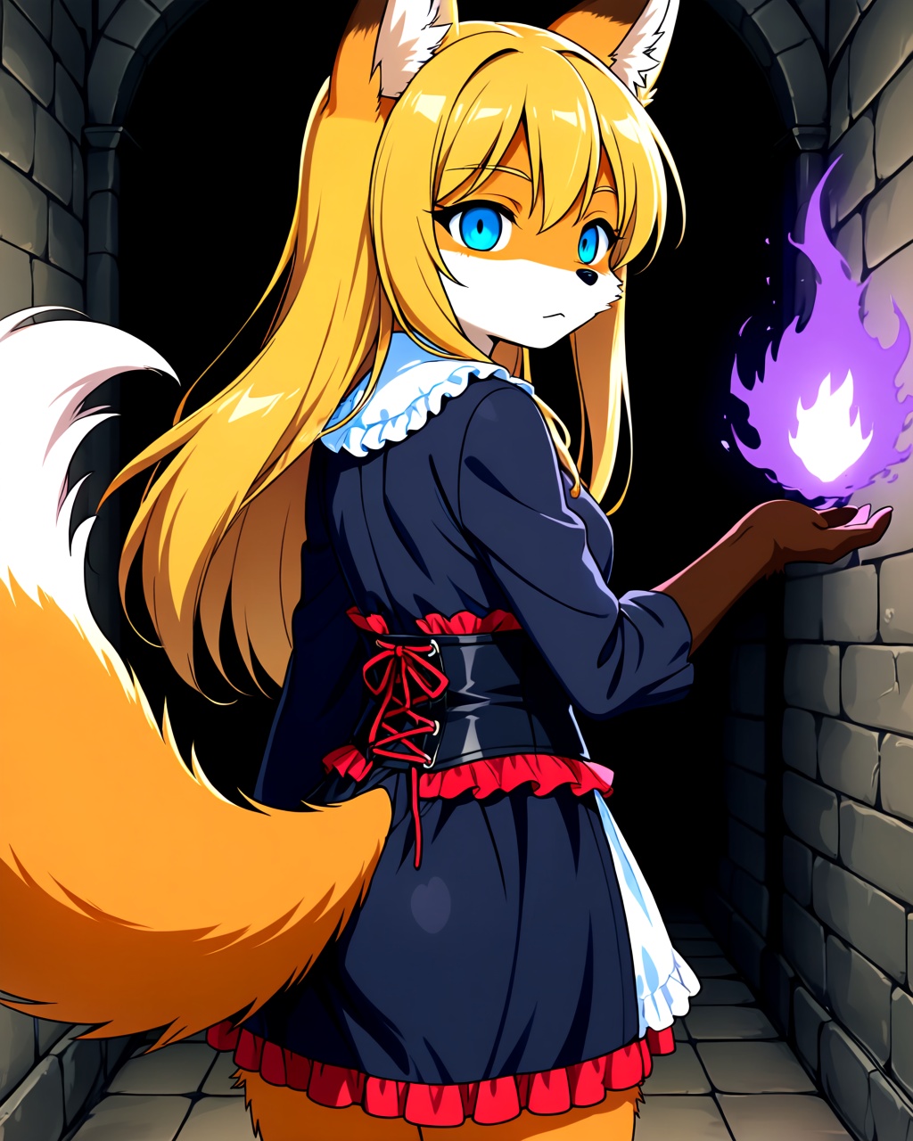 A fox girl standing in a dim stone corridor.She has long golden-blonde hair,  bright blue eyes,  large fox ears on Tensor.Art