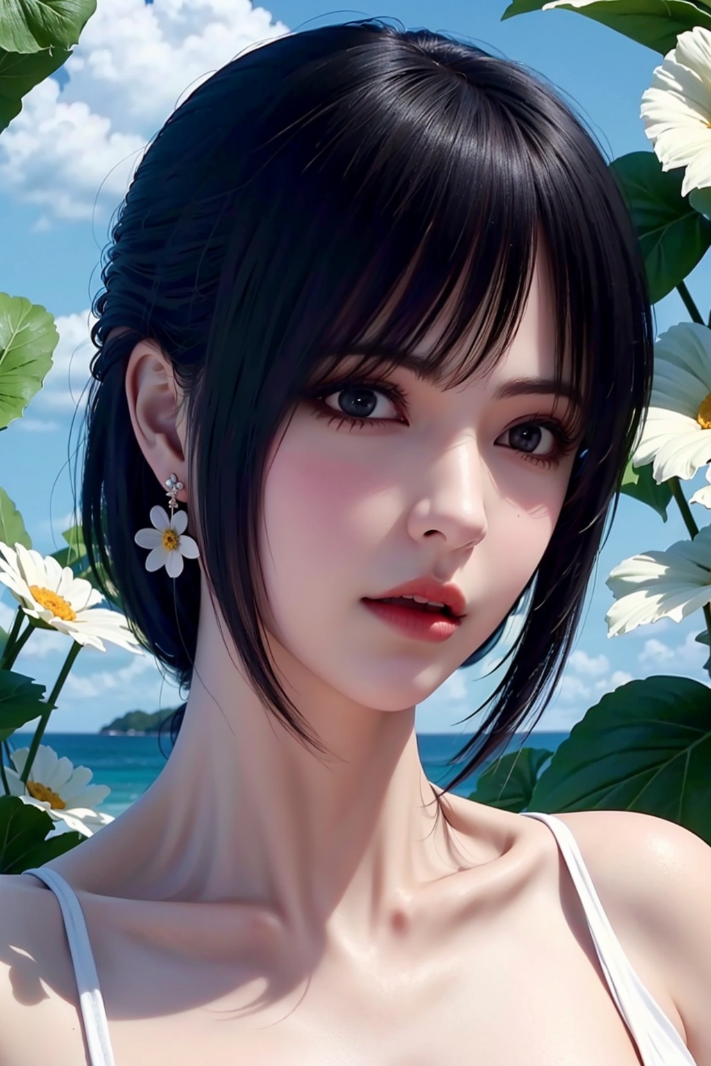 1girl,solo,black hair,short hair,jewelry,realistic,earrings,hair ornament,black eyes,lips,collarbone,parted lips,flower,watermark,upper body,portrait,hair flower,dress,web address,looking awayirt,Light master,<lora:QILIN_20240413221153-000004:0.8>,