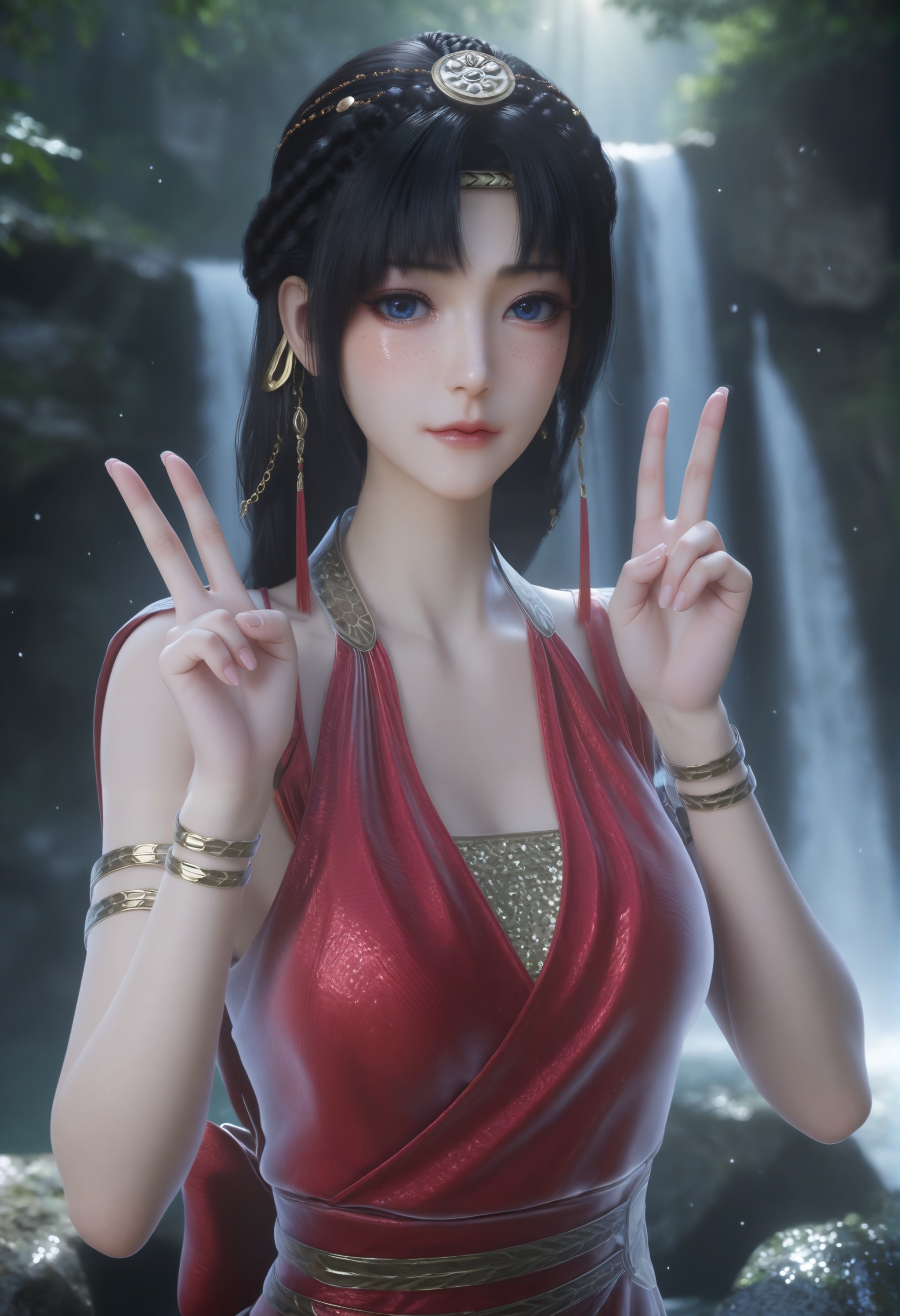 (score_9),upper body,<lora:研丽-Apony:0.86>,yanli,solo,black hair,braid,hair ornament,armlet,freckles,blue eyes,bangs,sleeveless dress,looking at viewer,double v,1girl,skinny,mature,glamor,collarbone,large breasts,outdoors,waterfall,light rays,light particles,softened light,<lora:perfect-eyes:0.8>,<lora:e色温:0.5>,<lora:Expressive_H:0.8>,<lora:e肤色滑块:0.5>,<lora:SkinRealityOrg_ponyv6_loraplus:0.2>,real skin,