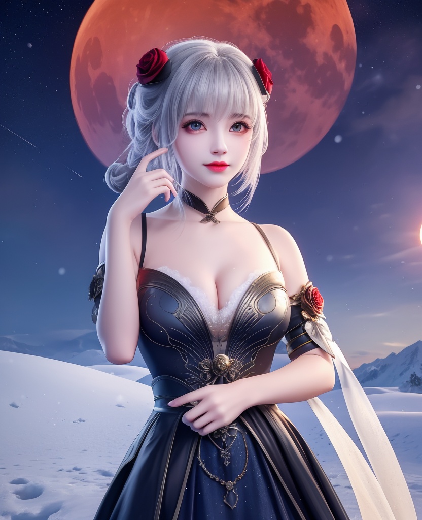 <lora:554-DA-武动乾坤-林青檀-V2:0.8>(,1girl, ,best quality, ),looking at viewer,masterpiece, (( , )),, realistic,science fiction,mole, ultra realistic 8k cg, ,      ,outdoors, snow, snowing, snow on head, sun,sunset,sunlight,moonlight,full moon, red moon,  crescent moon,  crescent rose,  black rose,       (cleavage), (),
