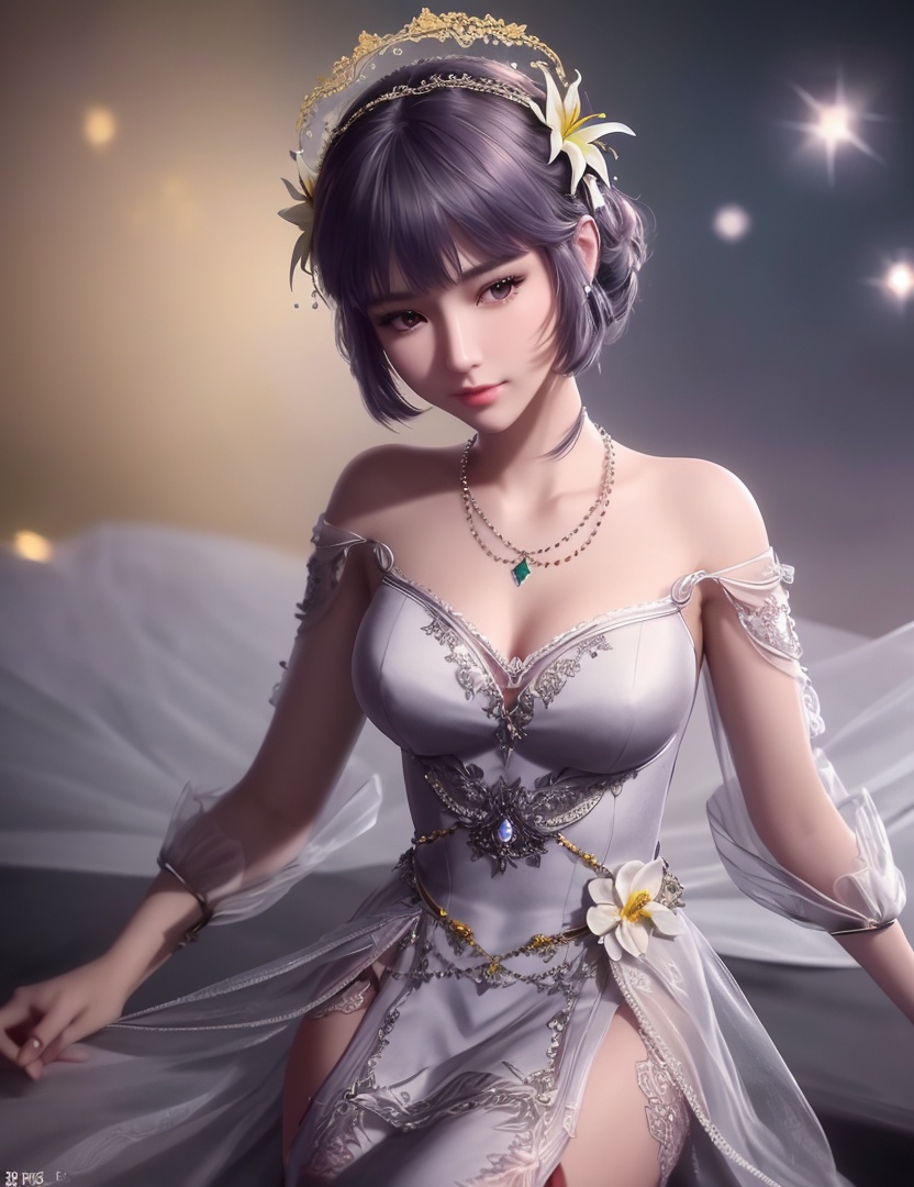 ultra realistic 8k cg, picture-perfect face, flawless, clean, masterpiece, professional artwork, famous artwork, cinematic lighting, cinematic bloom, perfect face, beautiful face, fantasy, dreamlike, unreal, science fiction,   lace, lace trim, lace-trimmed legwear,  (rich:1.4), prestige, luxury, jewelry, diamond, gold, pearl, gem, sapphire, ruby, emerald, intricate detail, delicate pattern, charming, alluring, seductive, erotic, enchanting, hair ornament, necklace, earrings, bracelet, armlet,halo((,1girl, pov,))  ((, 1girl, solo, star_\(symbol\),lily \(flower\),hair flower, dress, jewelry))<lora:DA_BaiChenXiang:0.6>