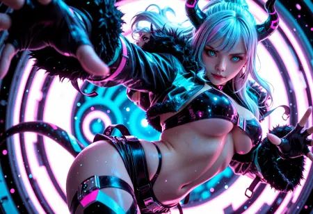 she has large dark horns, teal eyes, silver (half-up half-down hair), and a cosmic outfit with fur trim, choker, underboob, purple and pink hues at twilight, dynamic pose, Smooth_Quality, SmoothNoob_Quality, solo, 1girl