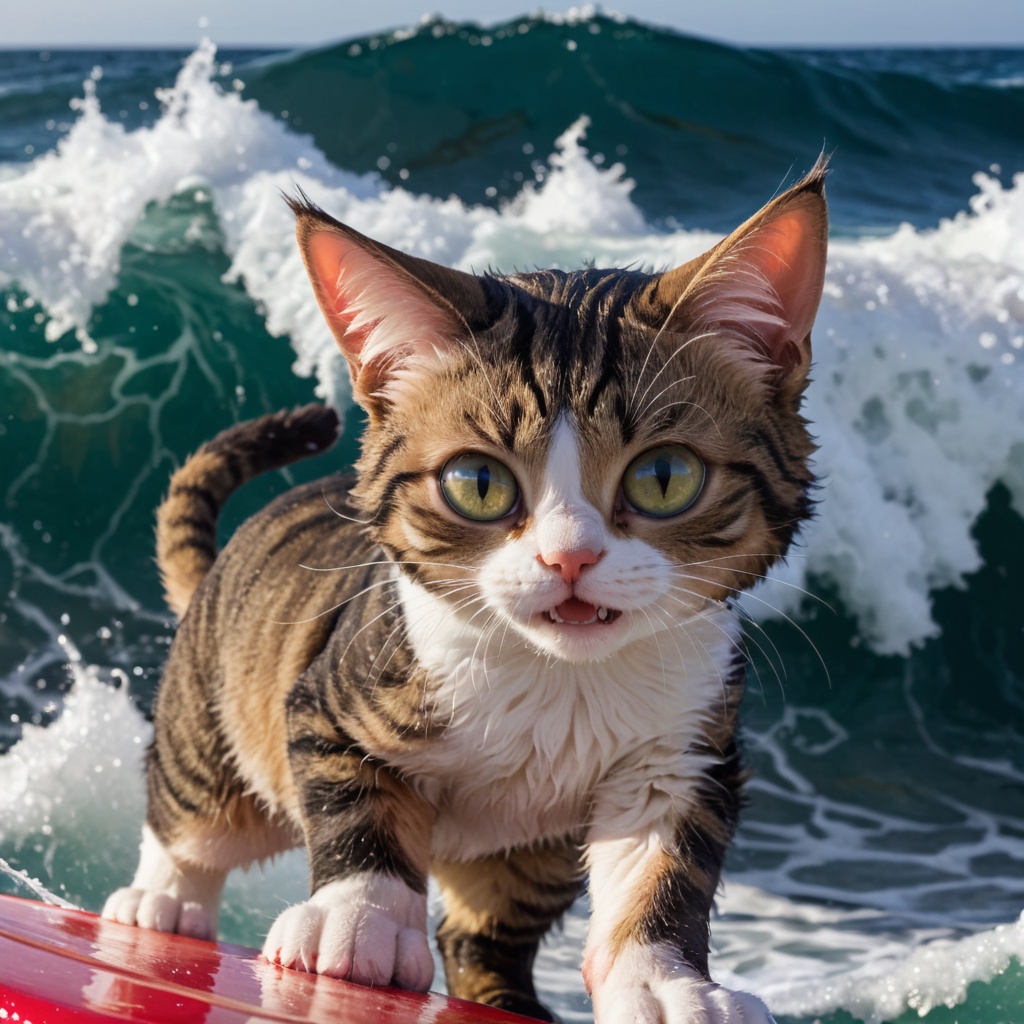 closeup photo,  cute cat is surfing in the sea ,  big waves on Tensor.Art