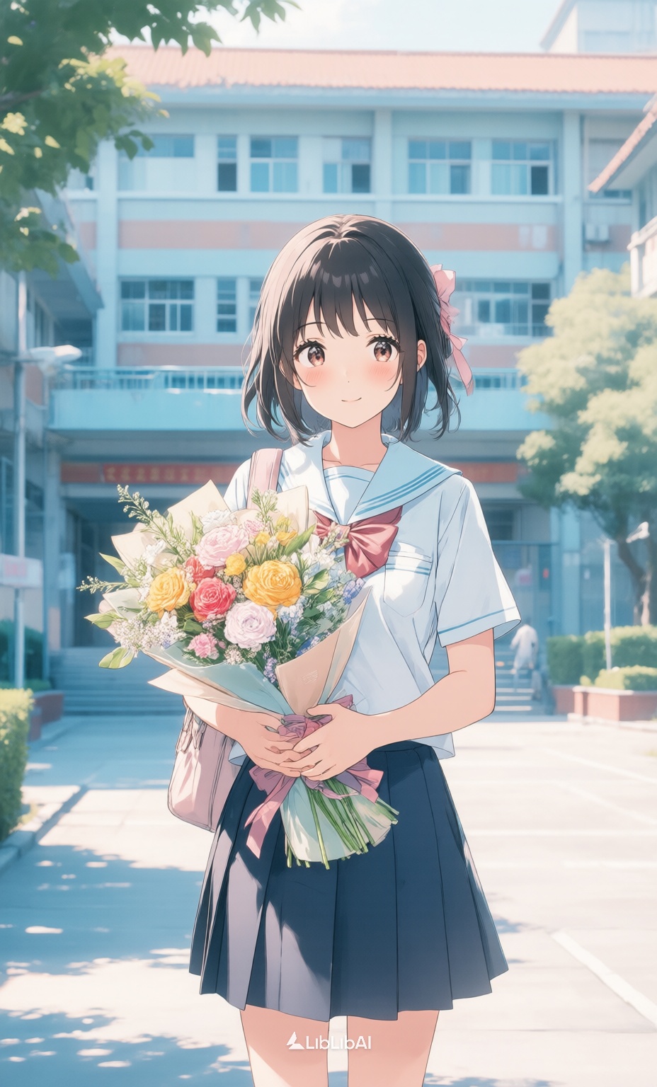 治愈系动画,JKC photography,背景是校园背景,女孩身穿学生校服,手捧鲜花,柔和光影,青色照片,聚焦尽头,, Negative prompt: ng_deepnegative_v1_75t,(badhandv4:1.2),EasyNegative,(worst quality:2),多手指,多手臂,多脚,,nsfw, Steps: 28, Sampler: Euler, CFG scale: 3.5, Seed: 3571488793, Size: 928x1536, Model hash: 98763a1277, Model: Qwen-Image_1.0.safetensors, Denoising strength: 0, RNG: CPU, Lora 1: 治愈系动画, Lora Hash 1: f84af1927a, Lora Weight 1: 0.9, vae_name: automatic