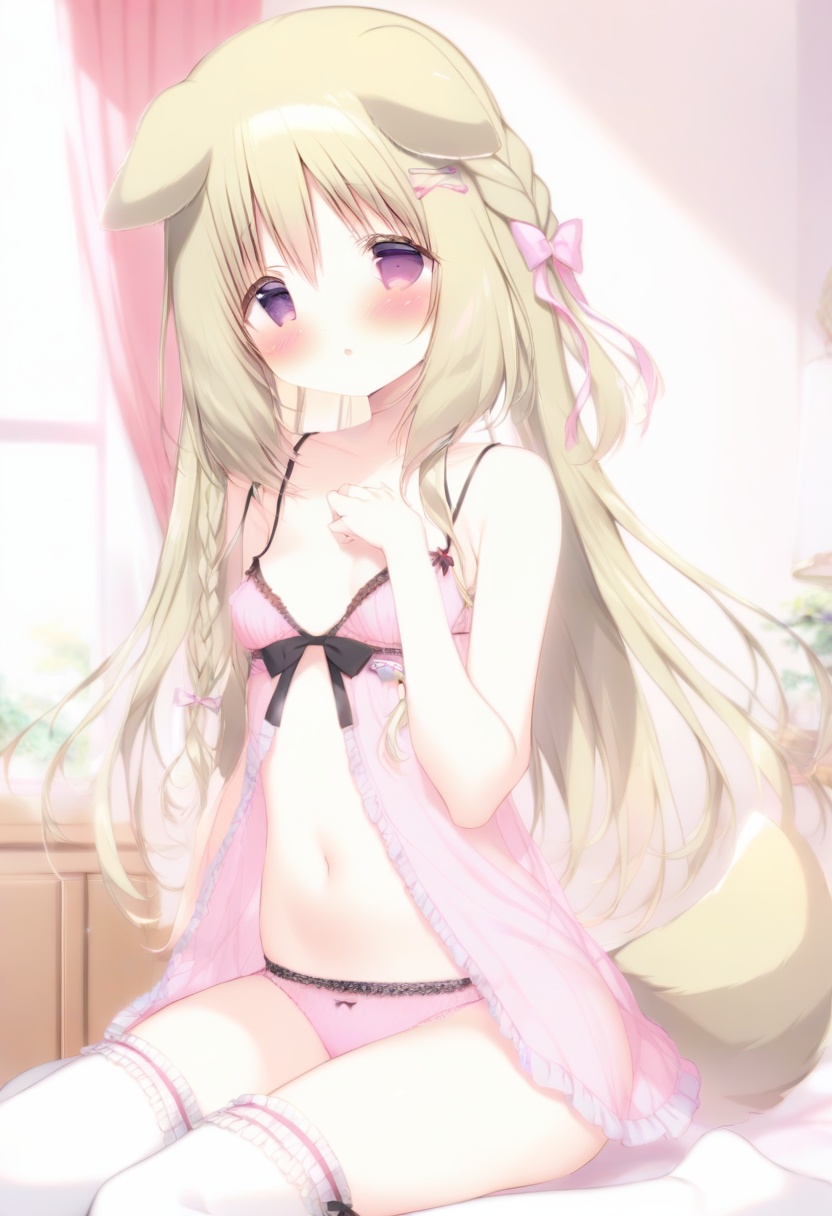 1girl, (shiratama (shiratamaco)),1girl, solo, dog ears, animal ears, panties, thighhighs, pink panties, breasts, brown hair, babydoll, blush, long hair, dog girl, looking at viewer, dog tail, purple eyes, navel, wariza, hair ornament, bangs, sitting, braid, tail, parted lips, hair between eyes, bow, indoors, hair bow, curtains, frills, :o, <lora:baiyu-000016:1>, masterpiece, best quality