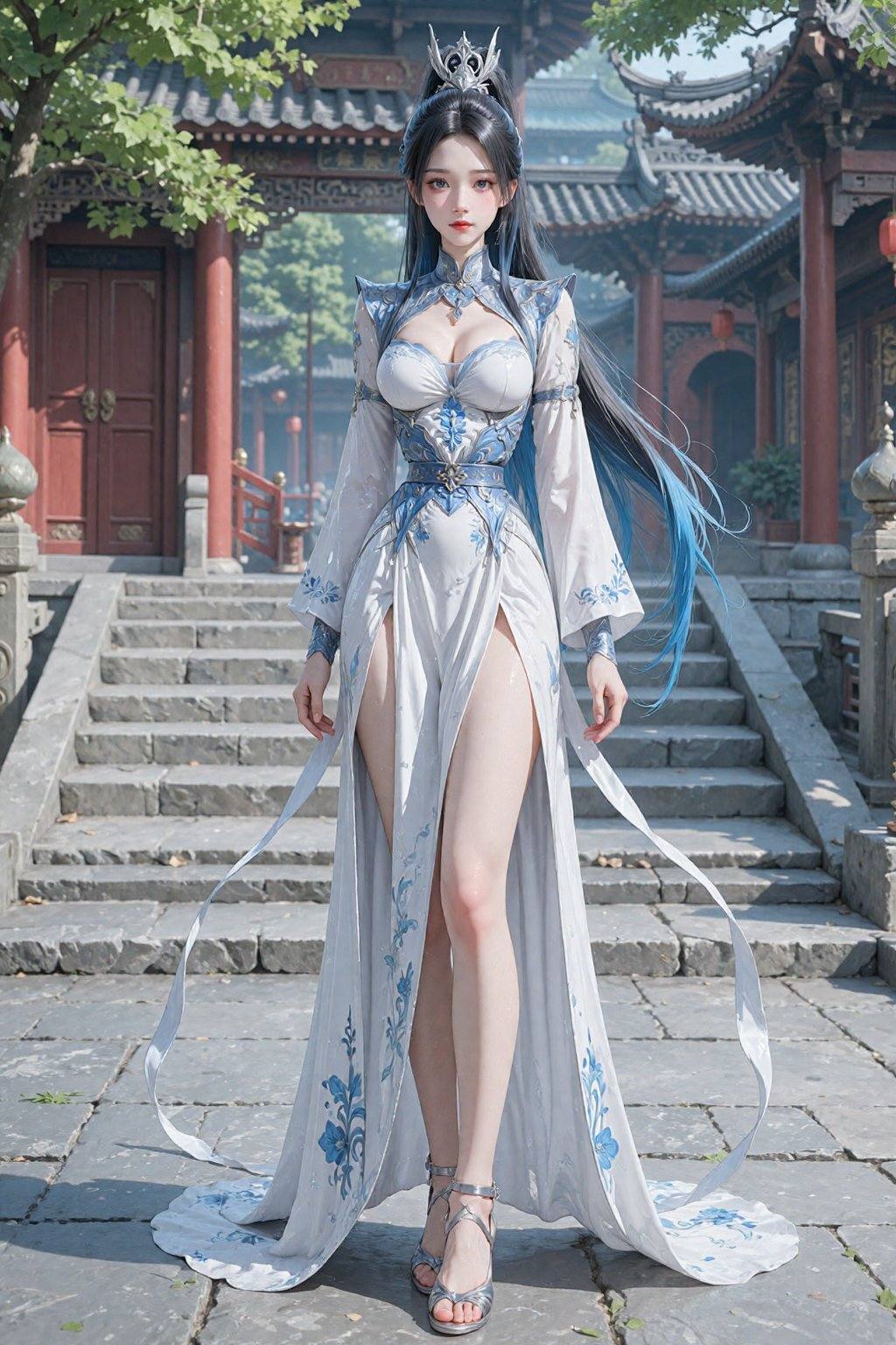 This is a highly detailed CGI image of an East Asian woman standing in a traditional Chinese temple courtyard. She has lon...
