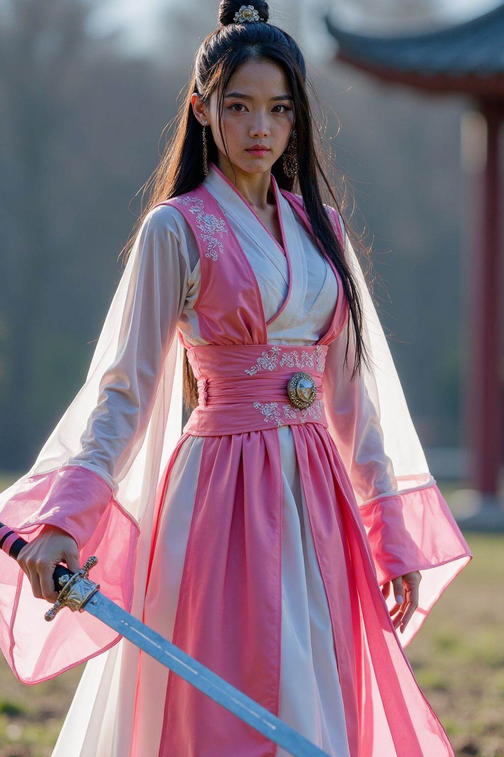 Cinematic photo a photograph of a teenage girl with fair skin and long black hair,fighting pose,large breasts,hand holding a sword,see-through,self-luminous neon armor,science fiction,cyberpunk,robot joints,pink and white hanfu,embroidery,dao robe,transparent cloak,full body,outdoors,