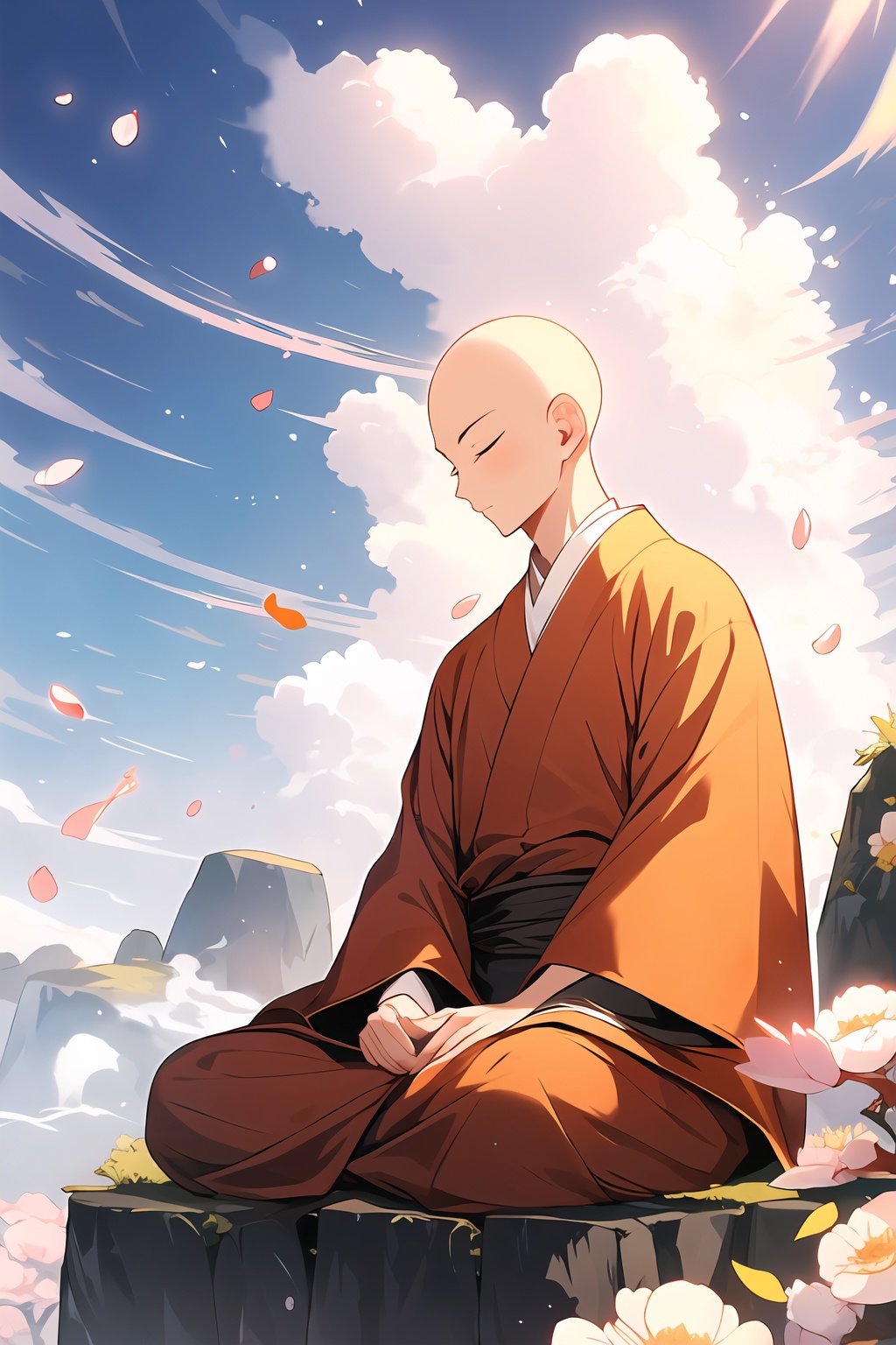 monk, solo, bald, cloud, 1boy, closed eyes, male focus, sky, petals, flower, outdoors, full body, long sleeves, cloudy sky, wide sleeves, day, closed mouth, blue sky, rock, sit cross-legged, highlights on the top of the head, light particle, foreground blurring, chinese monk's white kasaya clothes, Hands folded, looking down,<lora:yiling_玉面小僧:0.8>