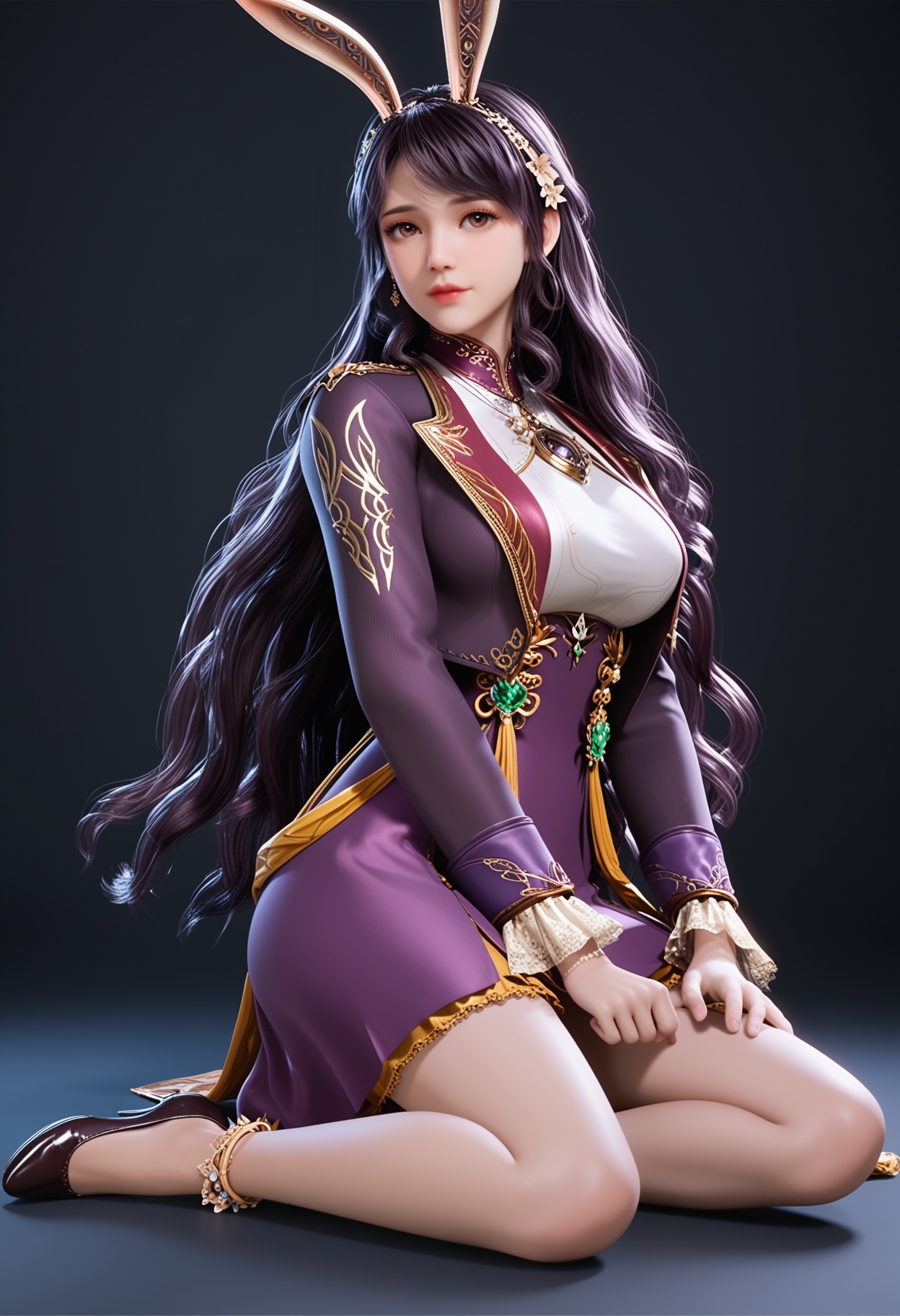 (full body:1.1),71.<lora:YQponyjiangnannanV2:0.8>,(q1528437228:1.3),solo,1girl,long_hair,black_hair,brown_eyes,realistic,brown_hair,hair_ornament,rabbit_ears,animal_ears,jewelry,flower,hair_flower,hairband,skirt,long_sleeves,fake_animal_ears,purple_skirt,tiara,very_long_hair,anklet,crown,necklace,pantyhose,thighhighs,gem,purple_dress,,(huge breasts:0.8),(looking_at_viewer:1.1),(mature female:1.3),BREAK intricate details,shiny_skin,solo focus,perfect_anatomy,(score_9:1.3),(simple background:-1),(blurry:-1.2),(masterpiece:1.3),(best quality:1.3),(simple background,pure black background,black background:1.1),