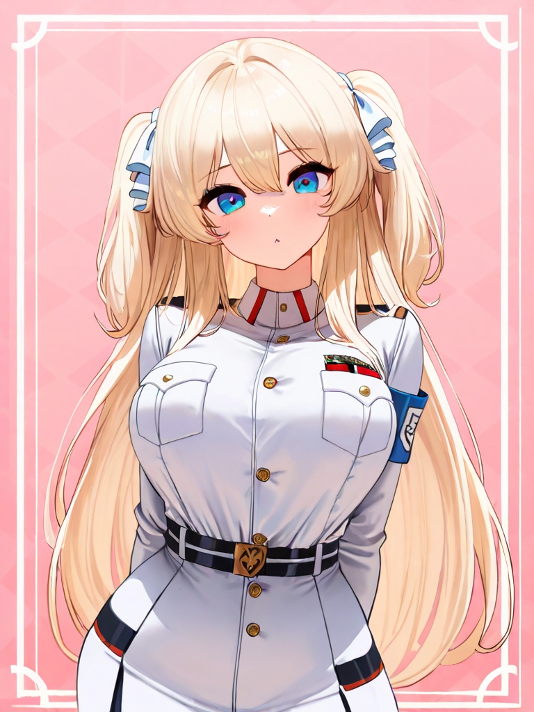 masterpiece,best quality,hires,1girl,white uniform,white collar,cyan stash,pattern background,hands behind back,<lora:nicorima-artist-richy-v1_ixl:1>,