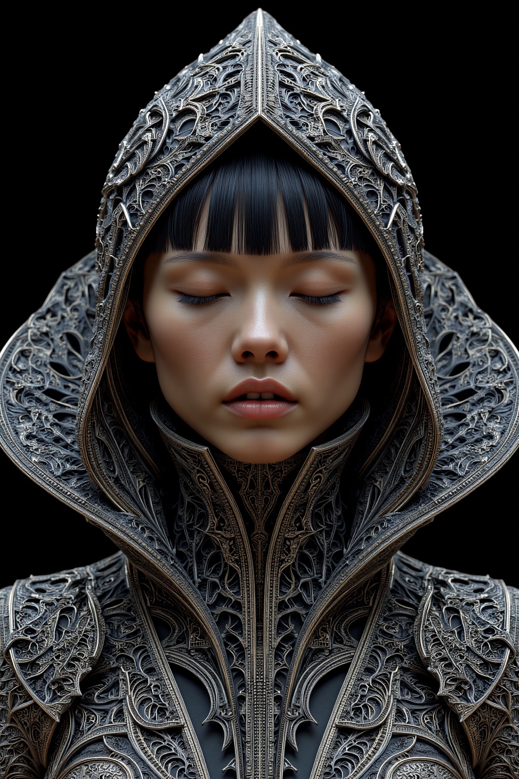 beijihui,a close-up shot of a woman's face is visible. The woman's eyes are closed,her lips are slightly parted,and her hair is a dark shade of black. She is wearing a black dress adorned with intricate carvings and designs. The dress is adorned with a hood that covers her head,adding a touch of warmth to the scene. The background is a solid black,creating a stark contrast to the woman's dress.,