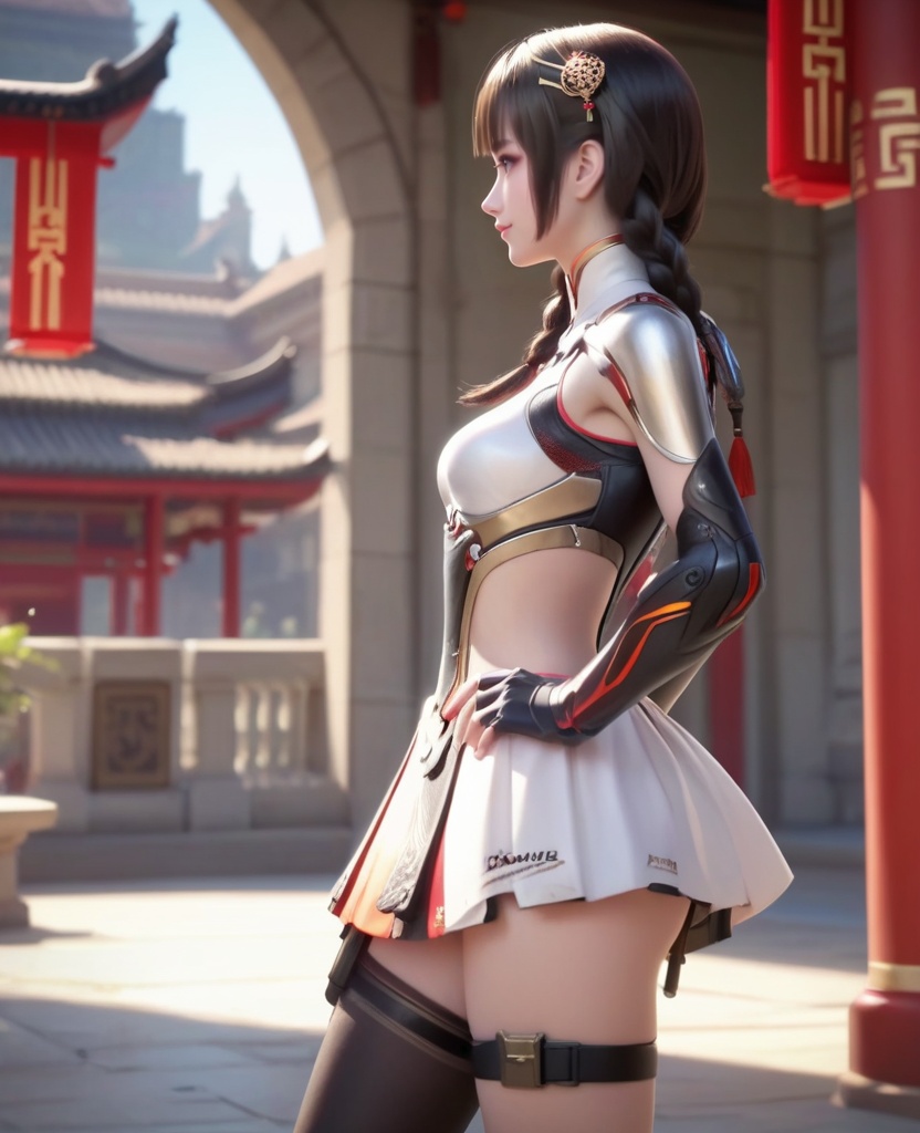 (oriental architecture, elegant decor, sophisticated style:1.1),(Standing with hands on the hips, looking up,:1.1),(breasts:1.2),<lora:XL16穿越火线乔月:0.95>,miss qiaoyue,kevlar-orange boobplate,brown eyes,blunt bangs,black hair,front braided twin pigtails,hair ornament,pauldrons,arm guards,kevlar-orange abdomen armor panel,asymmetrical thighhighs with volt-orange and black,thigh holster,thigh strap,high heels,white overskirt,, score_9,score_8_up,score_7_up,score_6_up,score_5_up,score_4_up,3d rendering,tag1,tag2, Cinematic Lighting,backlighting,, zPDXL3, zPDXL2,zPDXL, zPDXLxxx, zPDXLrl,