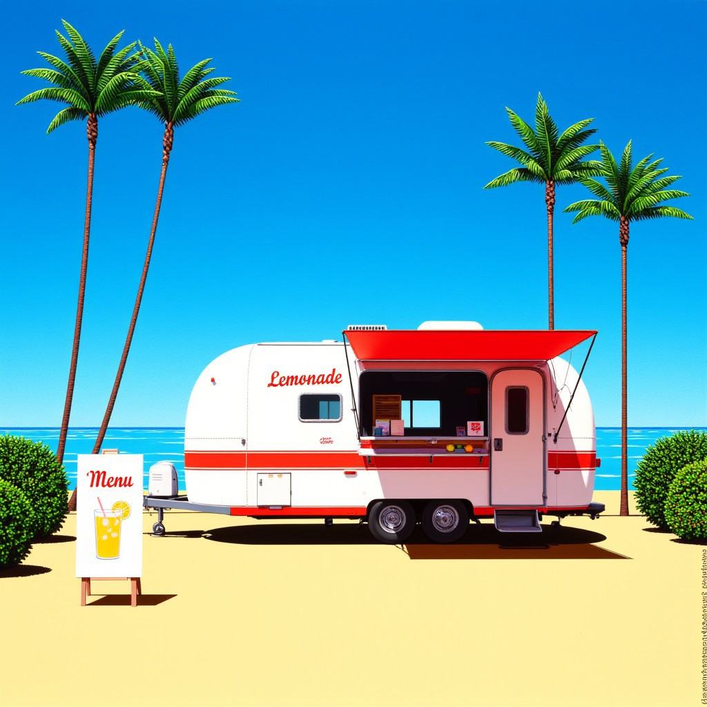 This image is a vibrant digital illustration depicting a retro-style mobile food truck parked on a sunny,  sandy beach. Th...