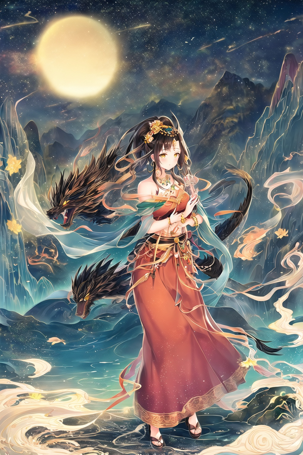 <lora:gilding_v1-000006:0.8>,1girl,black dragon,black hair,bracelet,cloud,full body,gilding\\(style\\),long skirt,lotus,mountain,shawl,solo,waves,yellow eyes,