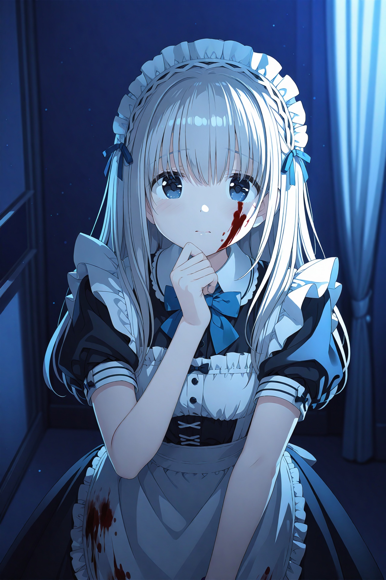 finely detail,Depth of field,(((masterpiece))),((extremely detailed CG unity 8k wallpaper)),best quality,high resolution illustration,Amazing,highres,intricate detail,best illumination,best shadow,(late at night),night,(Dark blue theme),Depth of field,window,White curtains,1girl,solo,bangs,blood on face,dark persona,white hair,Blue bow tie,maid,Short sleeve,apron,maid headdress,long hair,hand on own chin,teary-eyed,blood on clothes,blood,maid apron,