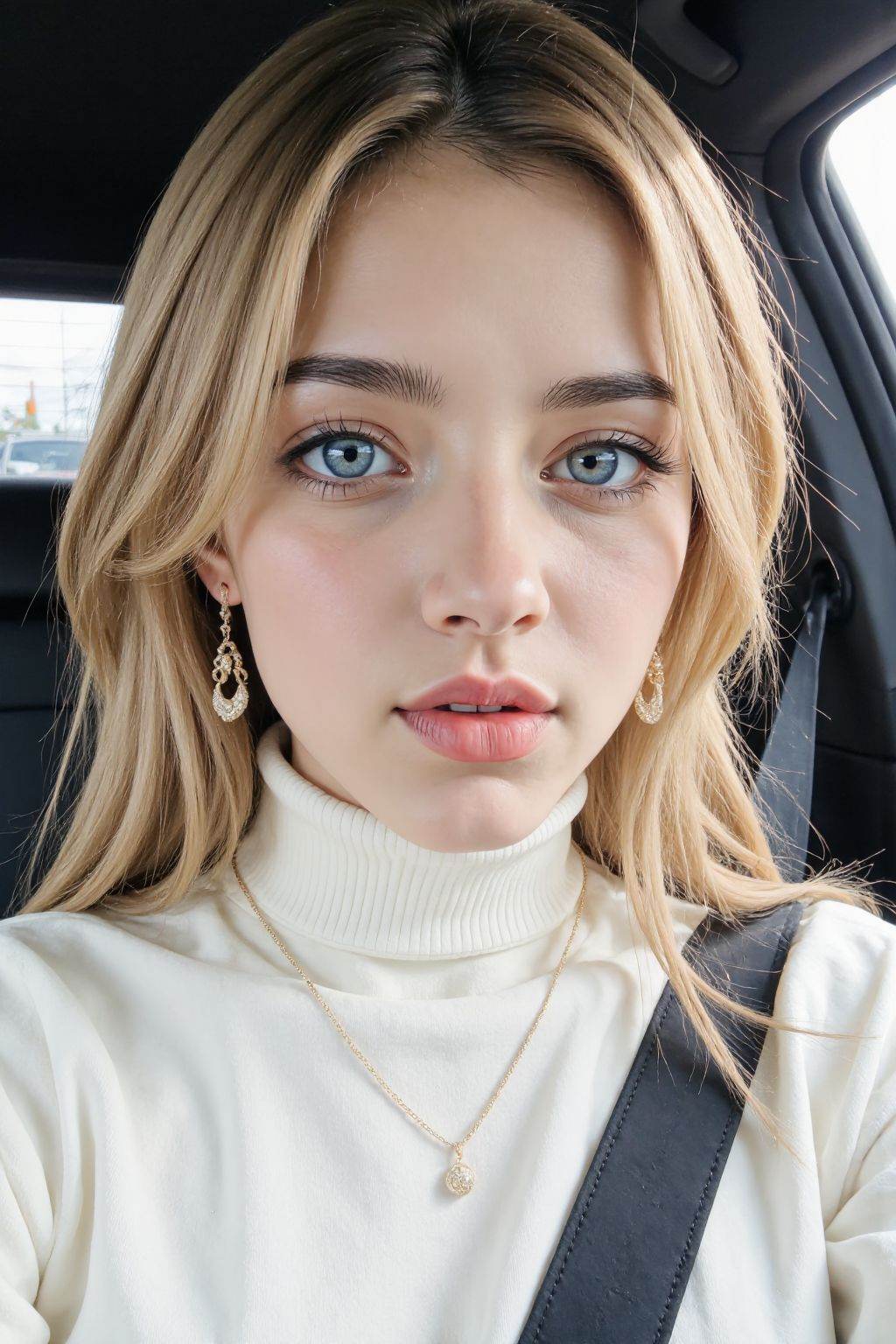 1girl, solo, long hair, blue eyes, blonde hair, turtleneck sweater, jewelry, sitting, closed mouth, earrings, necklace, lips, ground vehicle, realistic, nose, car interior,